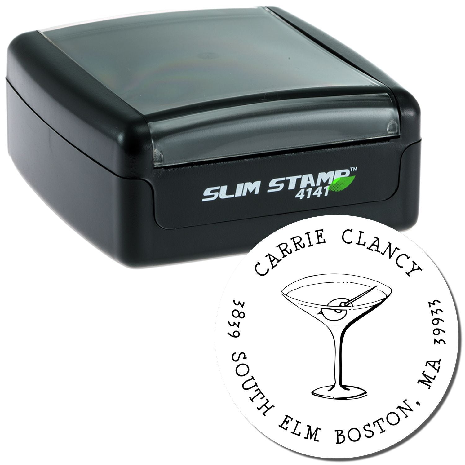 Slim Stamp 4141 self-inking rubber stamp with custom martini logo and address imprint for business branding.