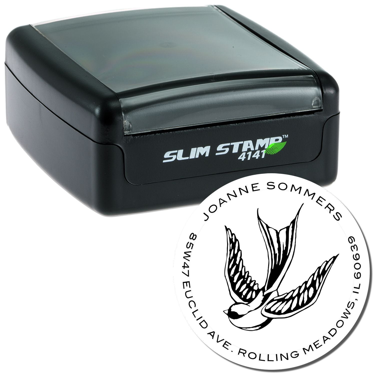 Slim Stamp 4141 self-inking rubber address stamp with custom return address and bird logo design