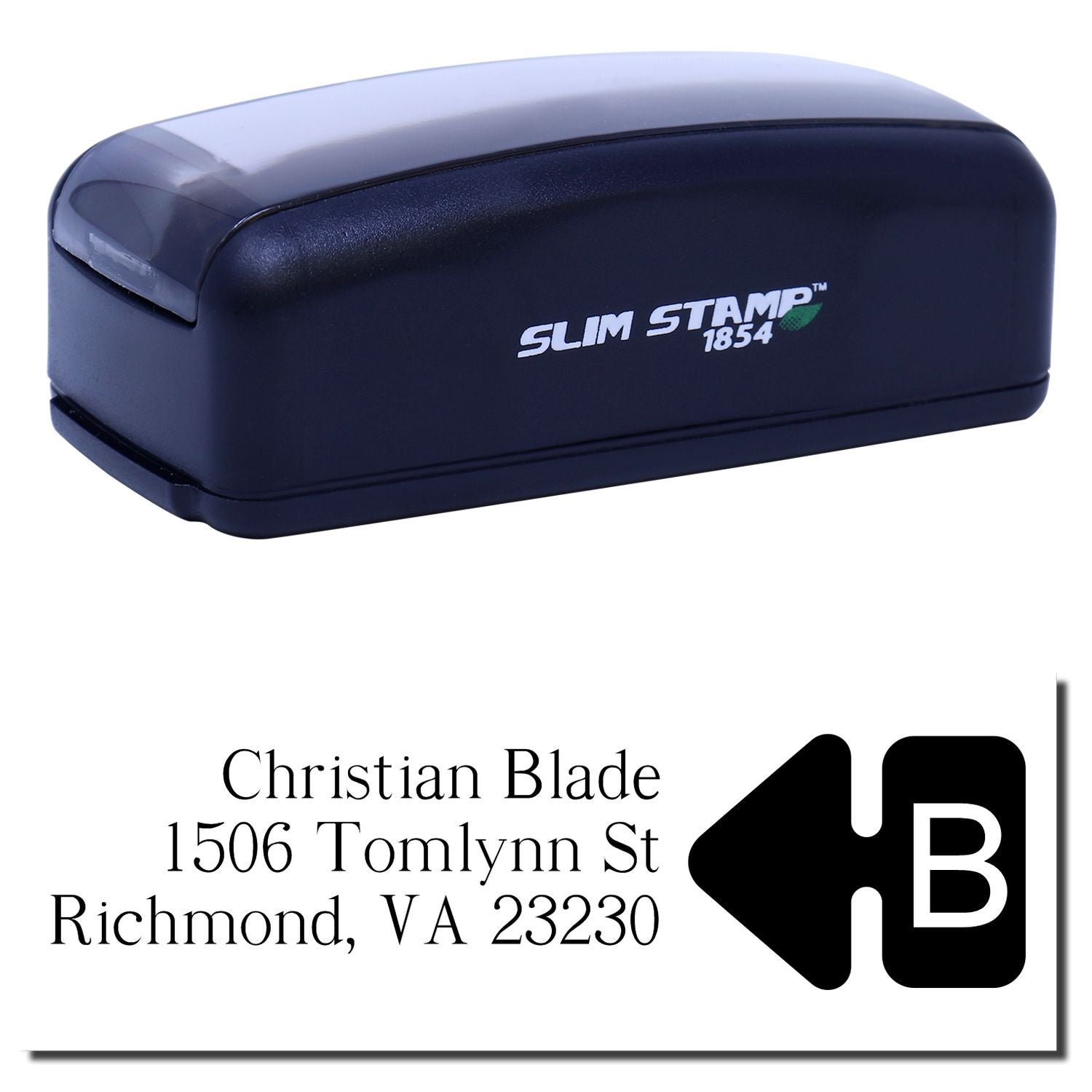 Slim Stamp 1854 self-inking rubber return address stamp with custom name, address, and logo imprint.