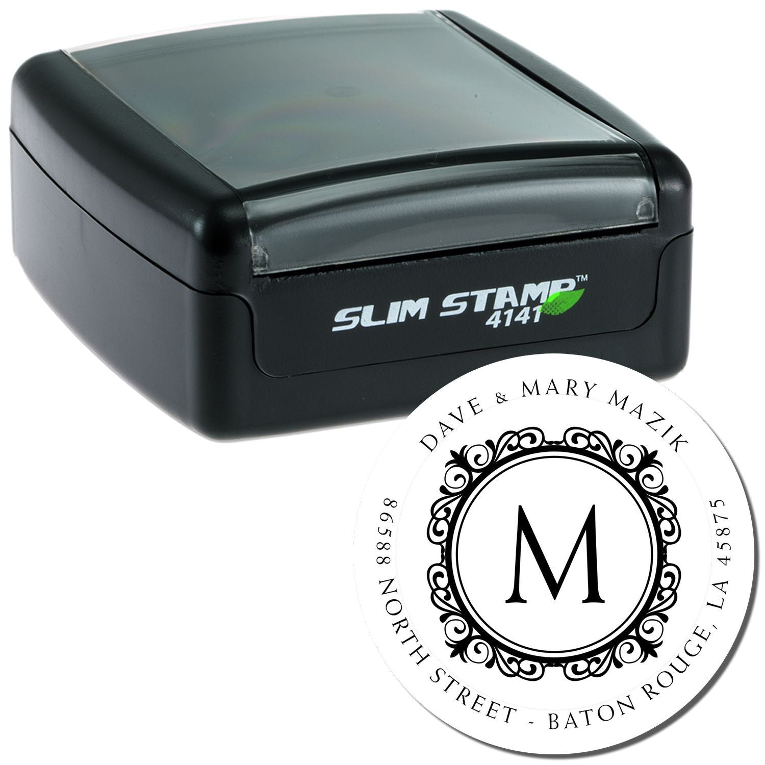 Slim Stamp 4141 self-inking rubber stamp with custom monogram address design for personalized mailing and envelopes.