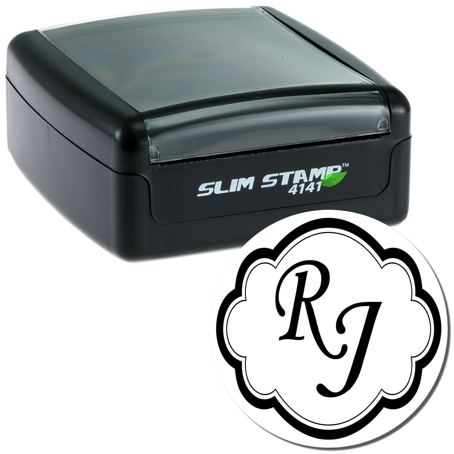 Custom self-inking rubber stamp with RG monogram, decorative frame, and Slim Stamp 4141 for personalized business use.