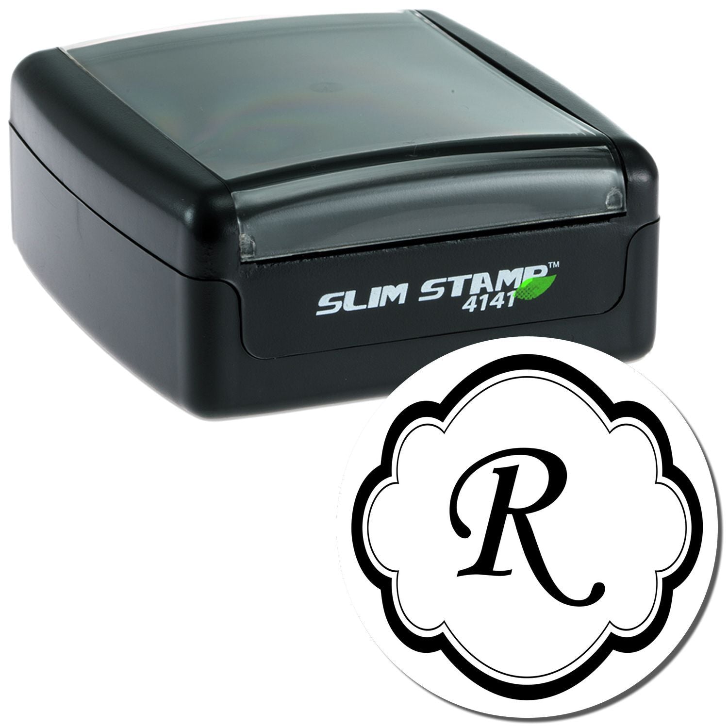 Custom self-inking rubber stamp with monogram R, scalloped border, and Slim Stamp 4141 for personalized branding.