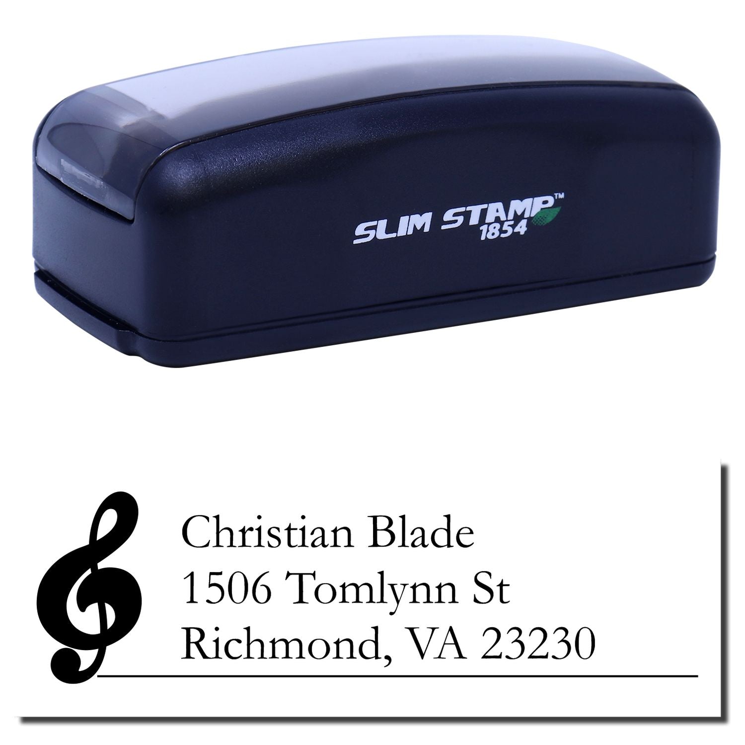 Custom Slim Stamp 1854 rubber stamp with treble clef music design for personalized address imprint.
