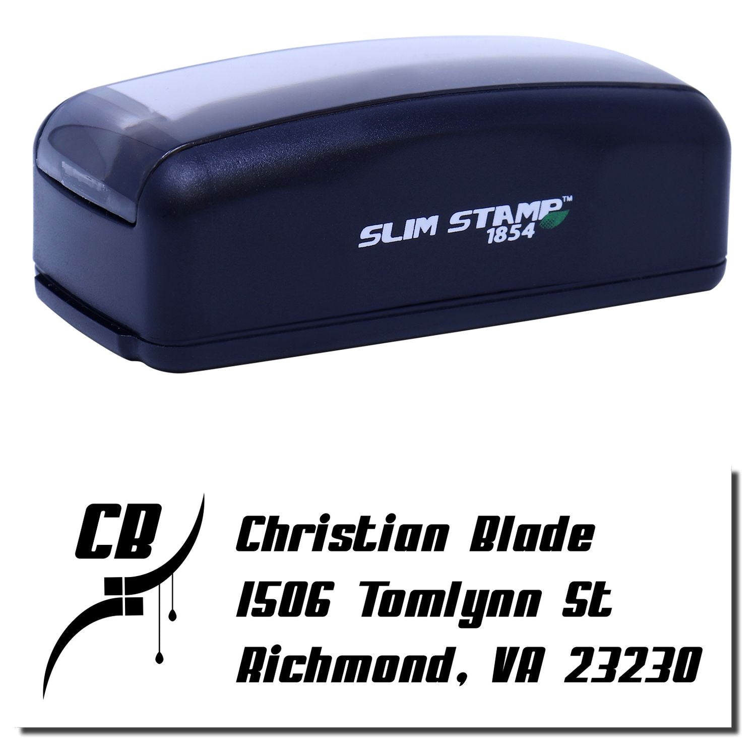 Slim Stamp 1854 self-inking rubber address stamp with custom name and business imprint for personalized mailing.