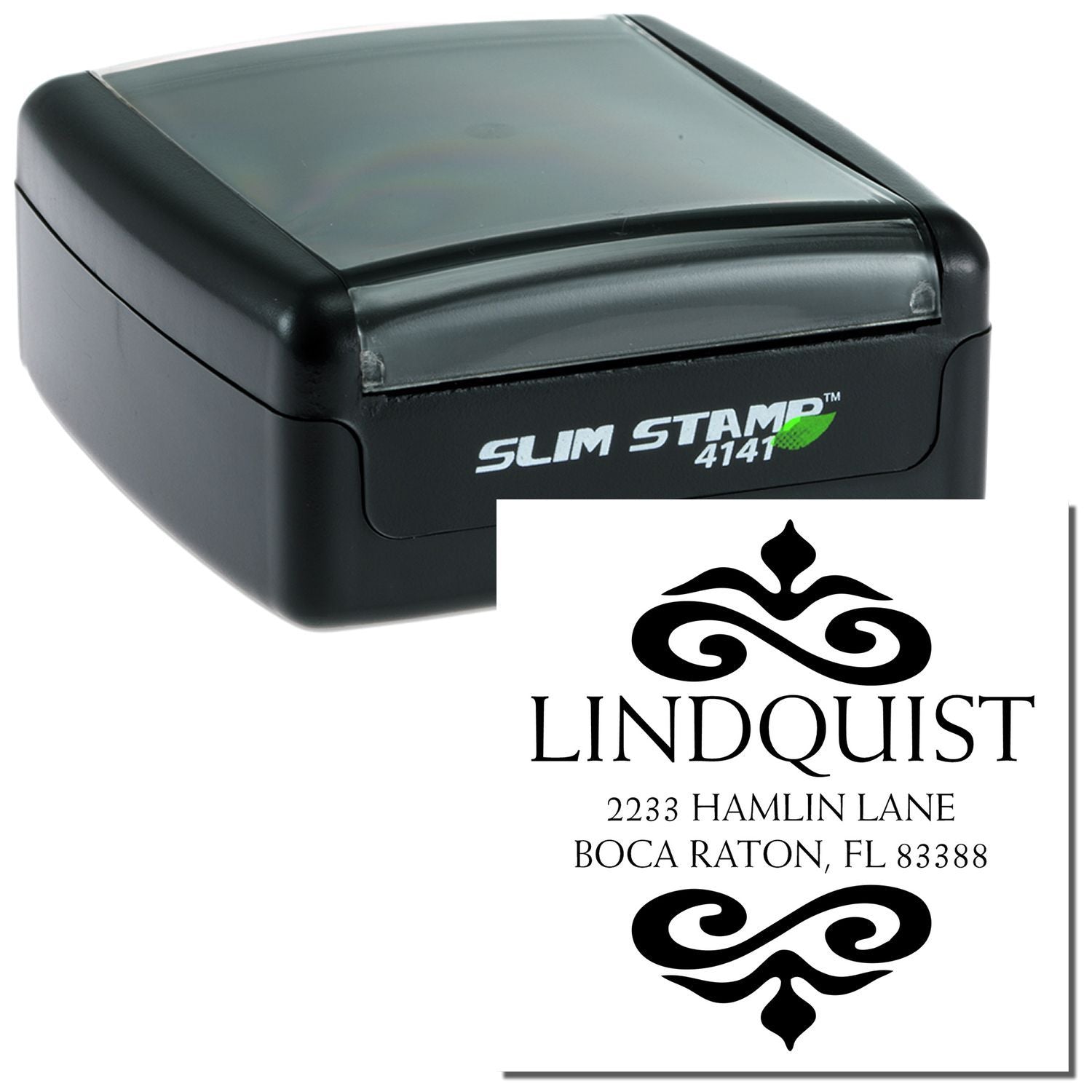 Slim Stamp 4141 self-inking custom rubber address stamp with personalized name and address design.