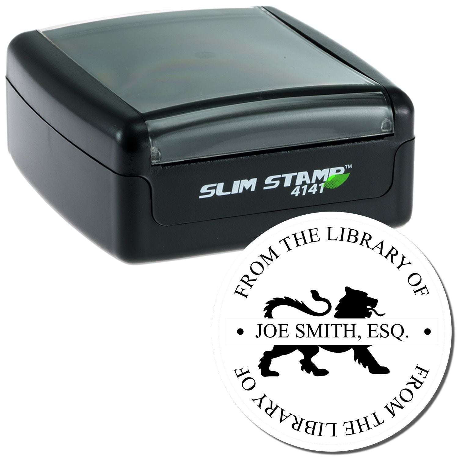 Slim Stamp 4141 custom self-inking rubber stamp with round return address design for Joe Smith, Esq., ideal for law office mail.