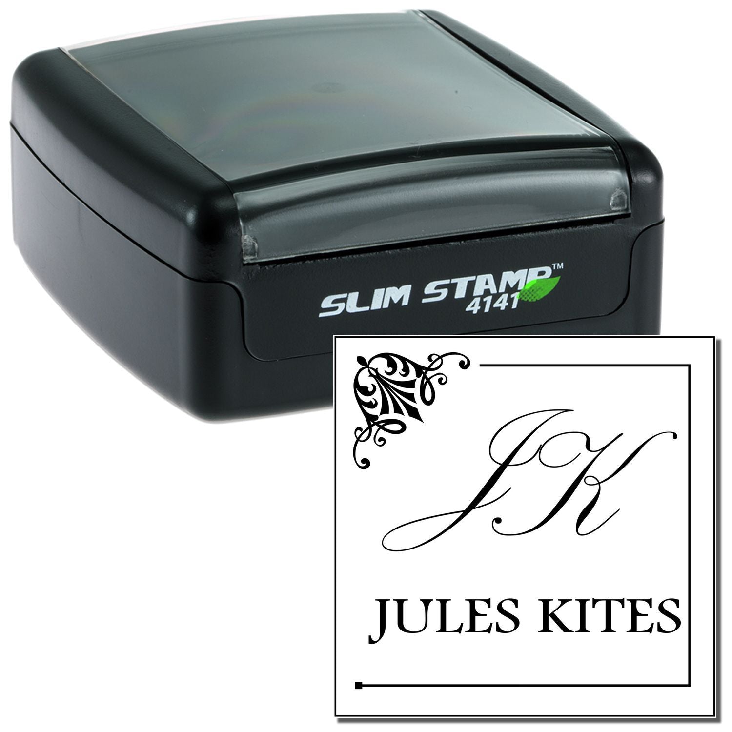 Slim Stamp 4141 self-inking custom rubber stamp with monogram and name imprint for personalized business branding.
