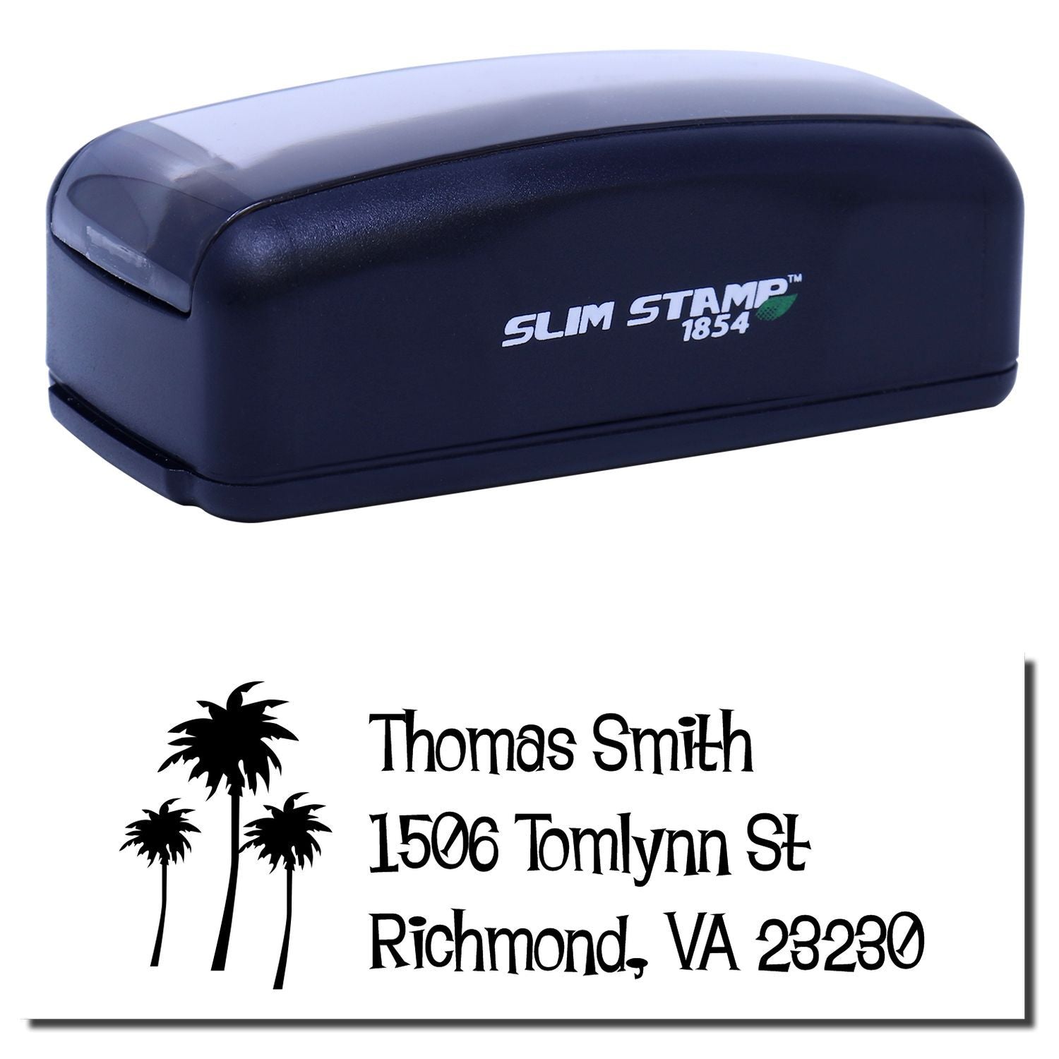 Slim Stamp 1854 self-inking rubber address stamp with palm tree design and custom Thomas Smith sample imprint