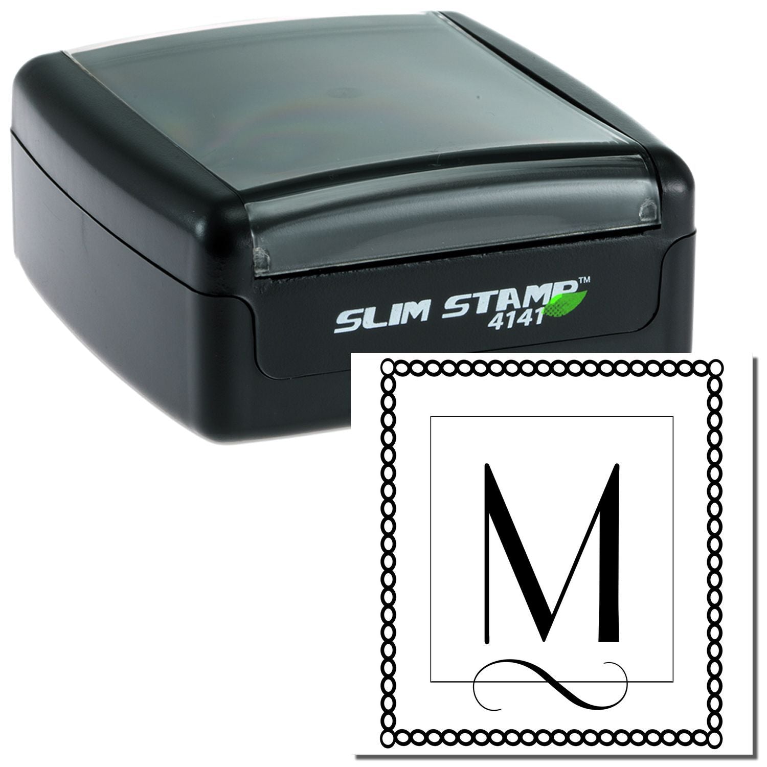 Custom slim self-inking rubber stamp with decorative monogram M design for personalized business or stationery use.