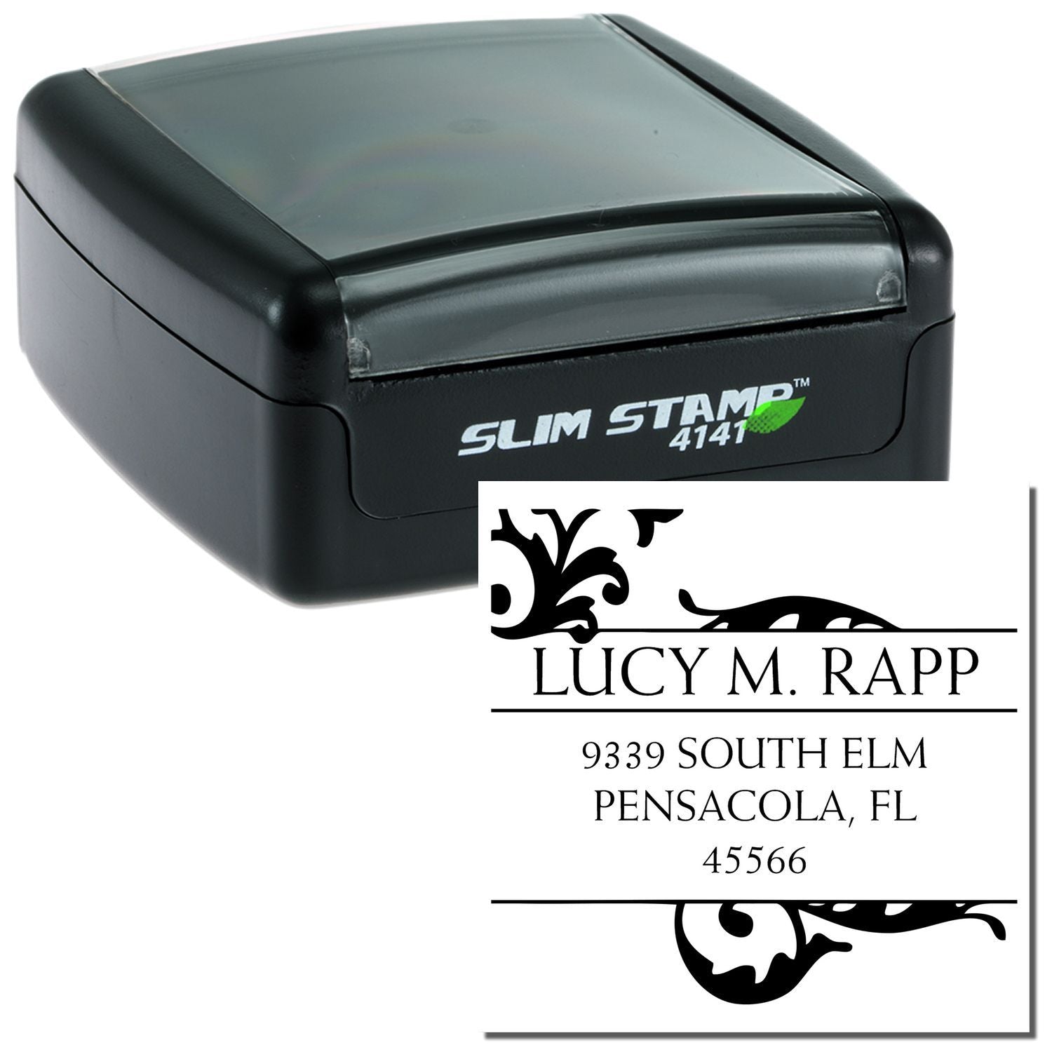 Custom self-inking Slim Stamp 4141 rubber stamp with personalized address imprint for mailing and business use