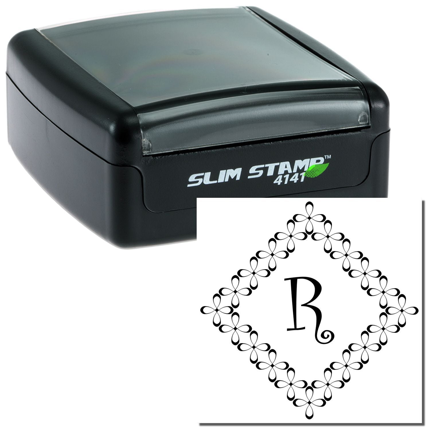 Slim Stamp 4141 self-inking rubber stamp with custom monogram R design and decorative border for personalized marking