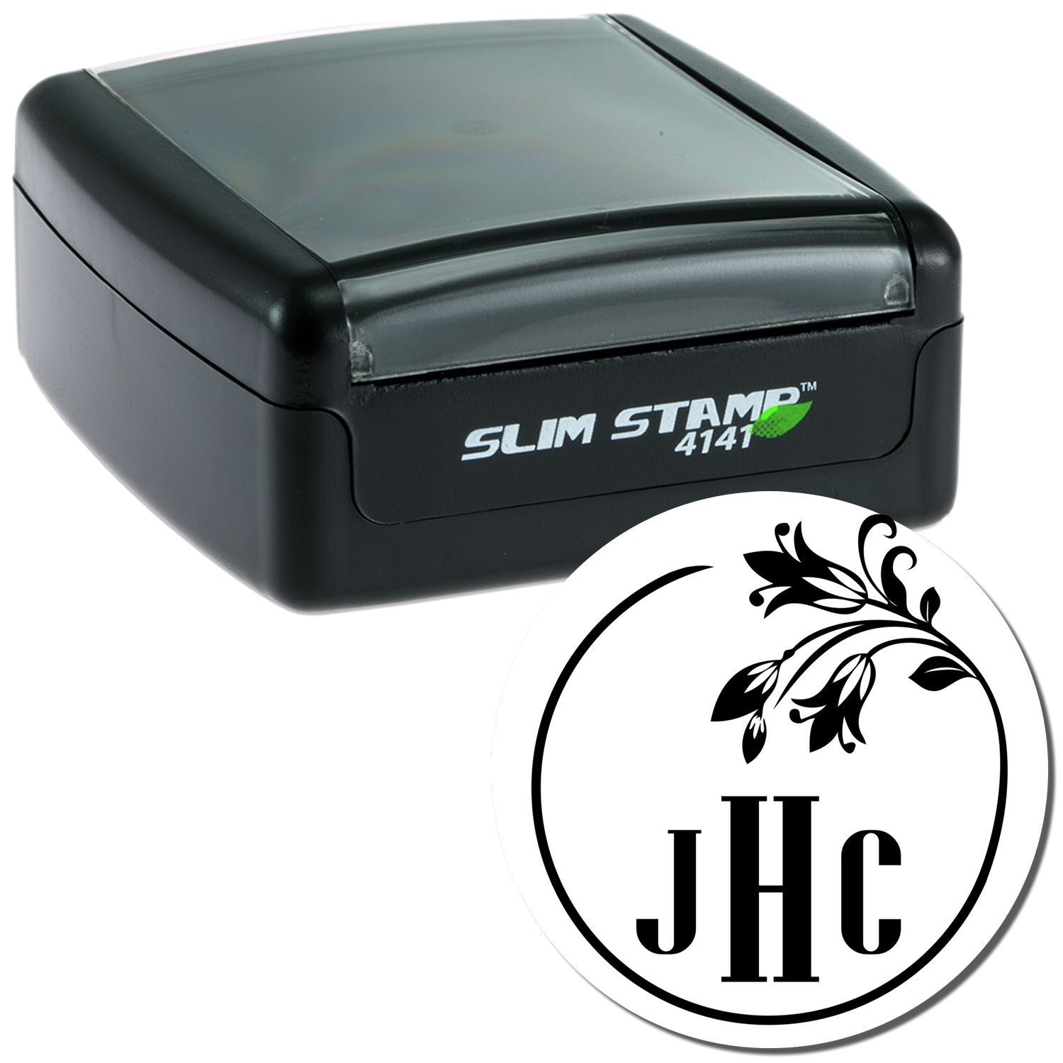Slim Stamp 4141 self-inking rubber stamp with custom JHC monogram and floral design for personalized stamping