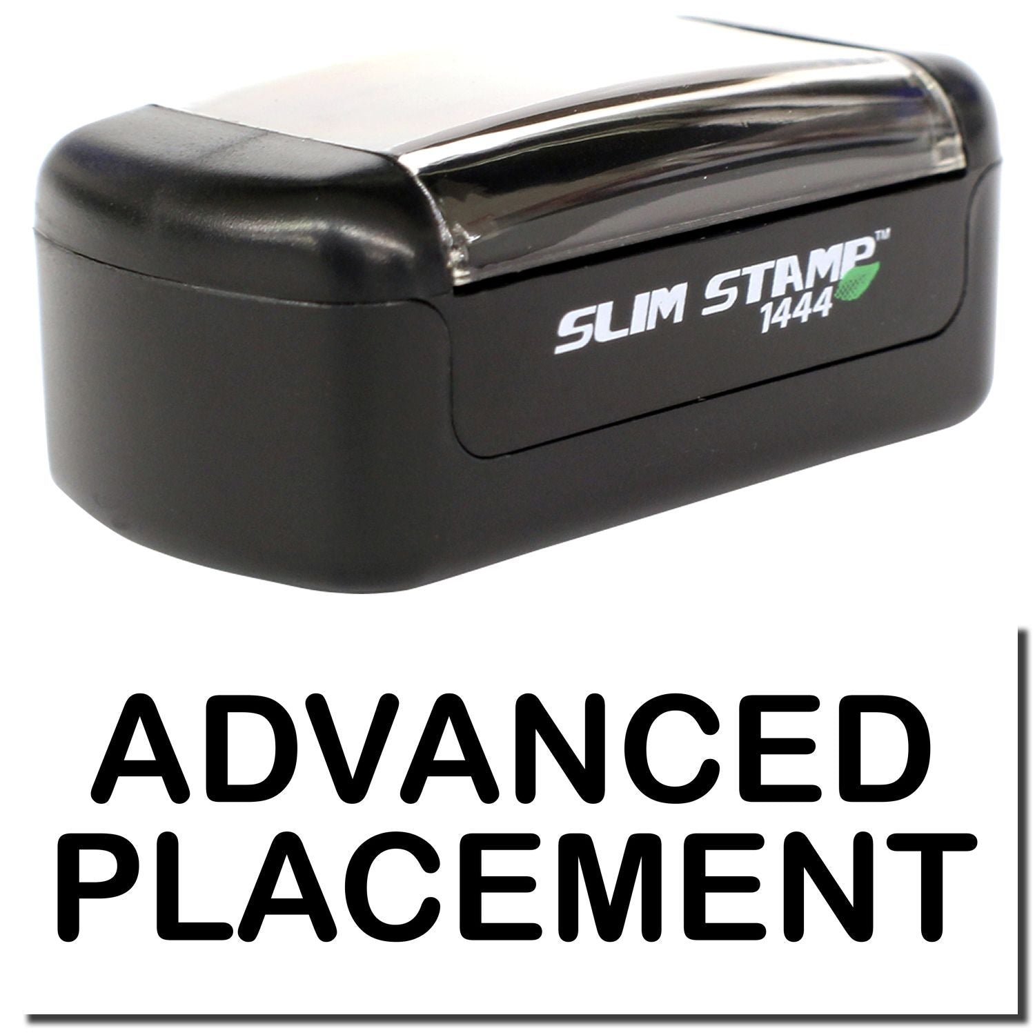 Black Slim Stamp 1444 self-inking rubber stamp with Advanced Placement text on white background