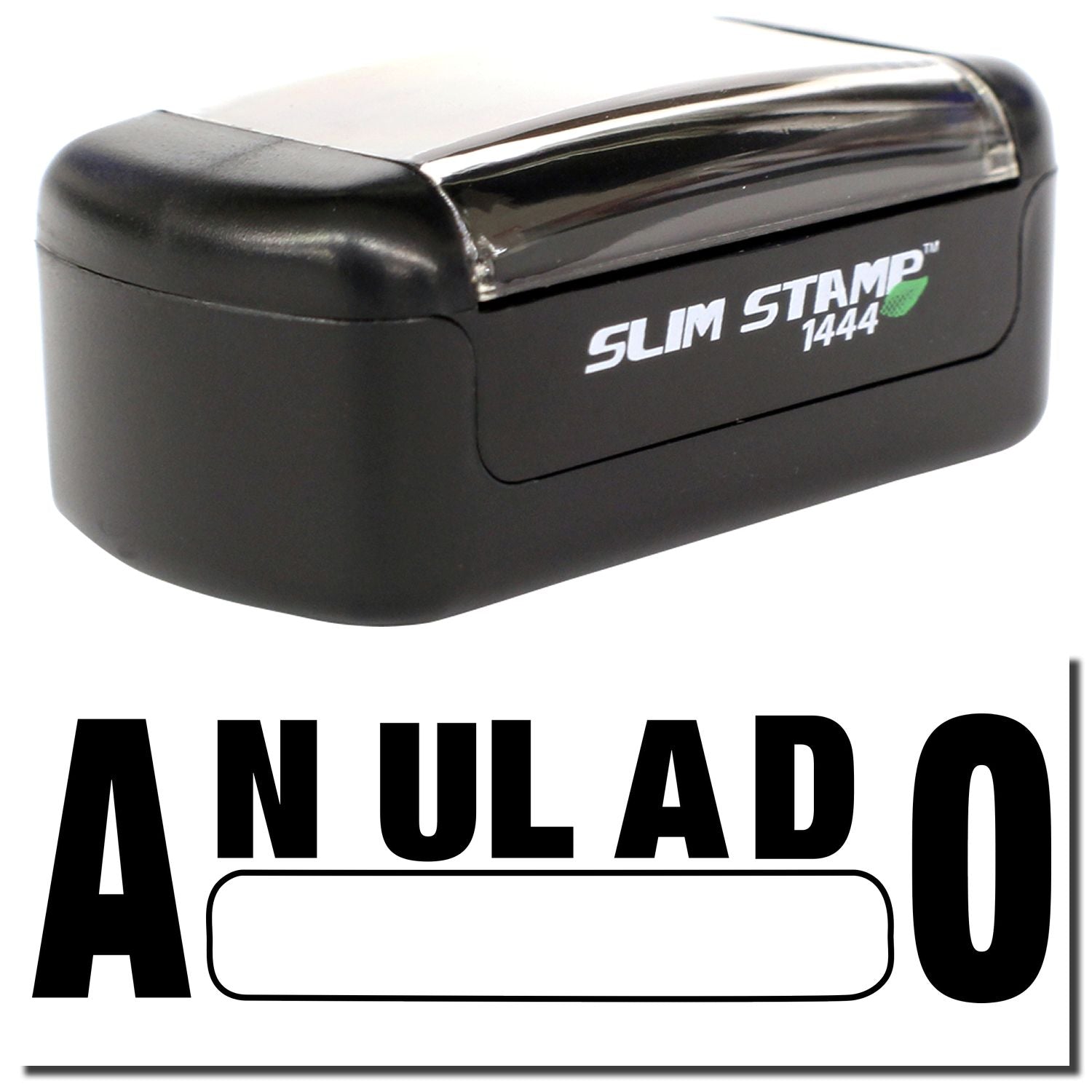 Slim Stamp 1444 self-inking rubber stamp with ANULADO text, black office stamp for canceled documents.