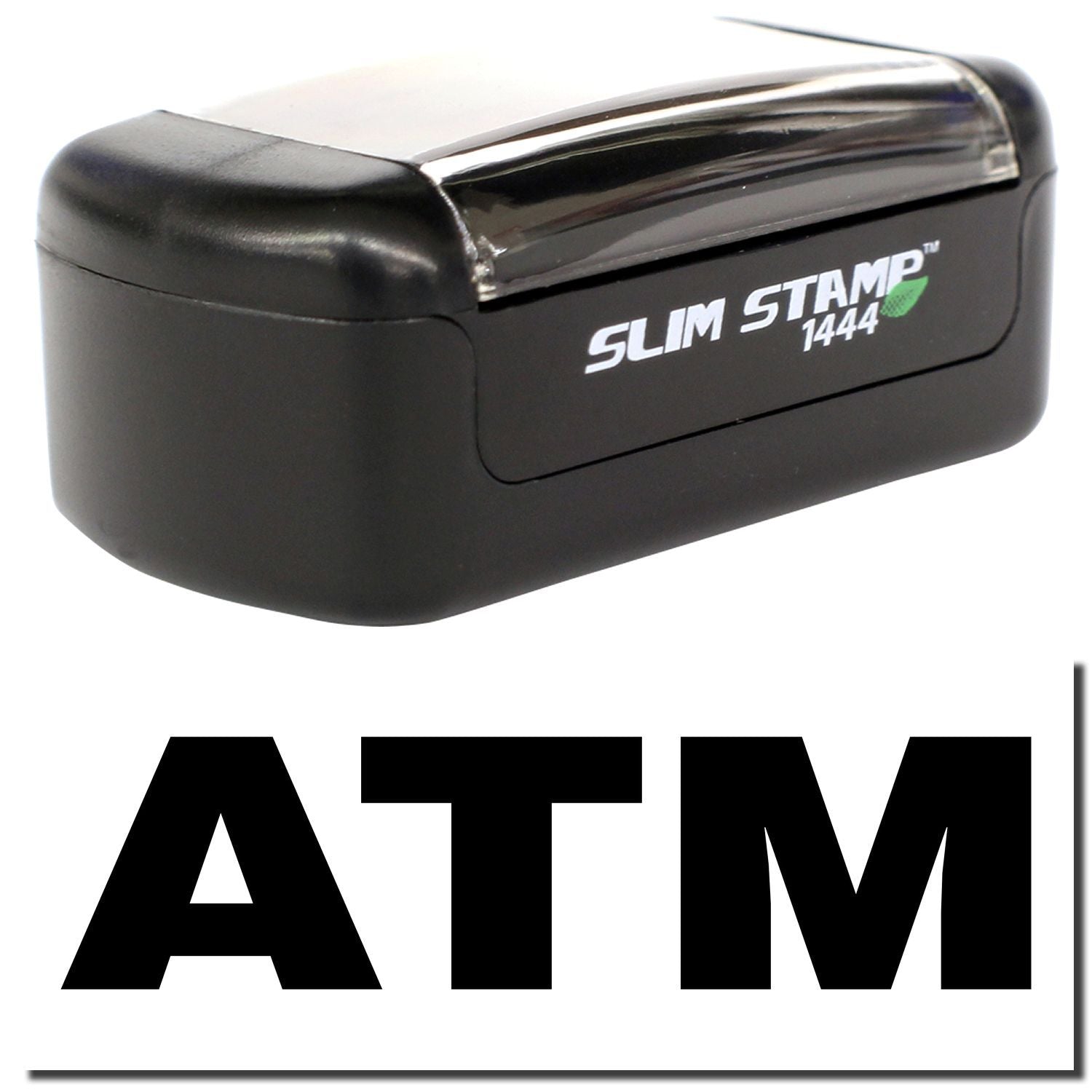 Black Slim Stamp 1444 self-inking ATM stamp on a white background.