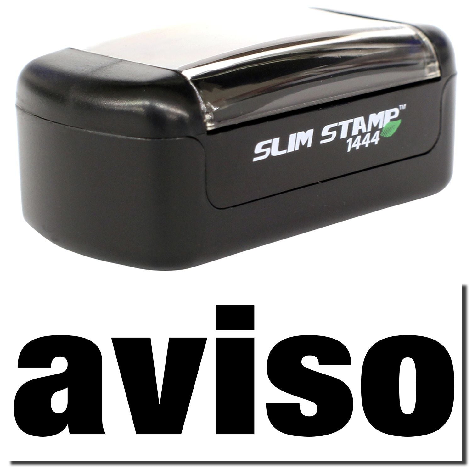 Black Slim Stamp 1444 self-inking stamp by Aviso, compact office rubber stamp device