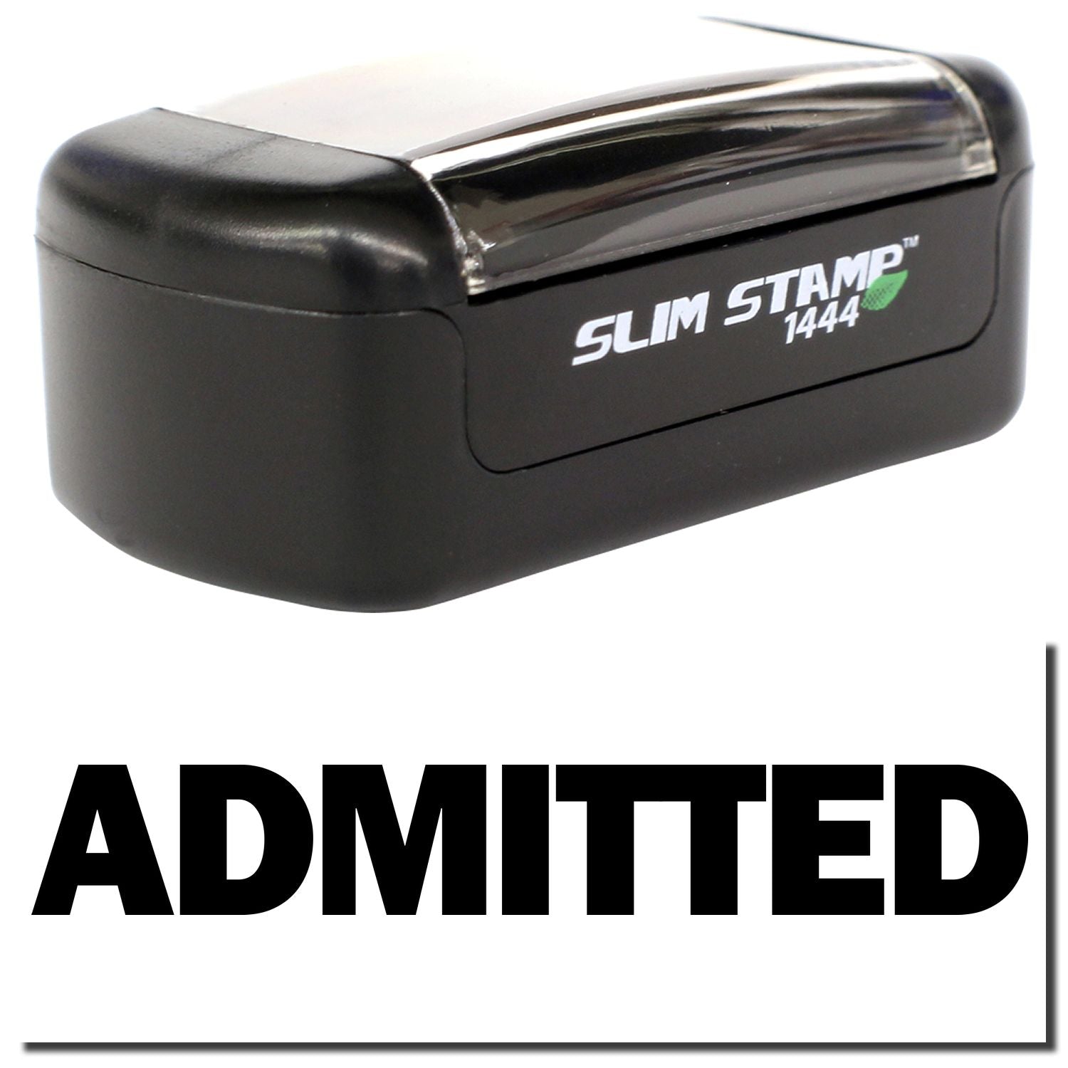 Slim Stamp 1444 self-inking ADMITTED stamp in black, ideal for office and event use