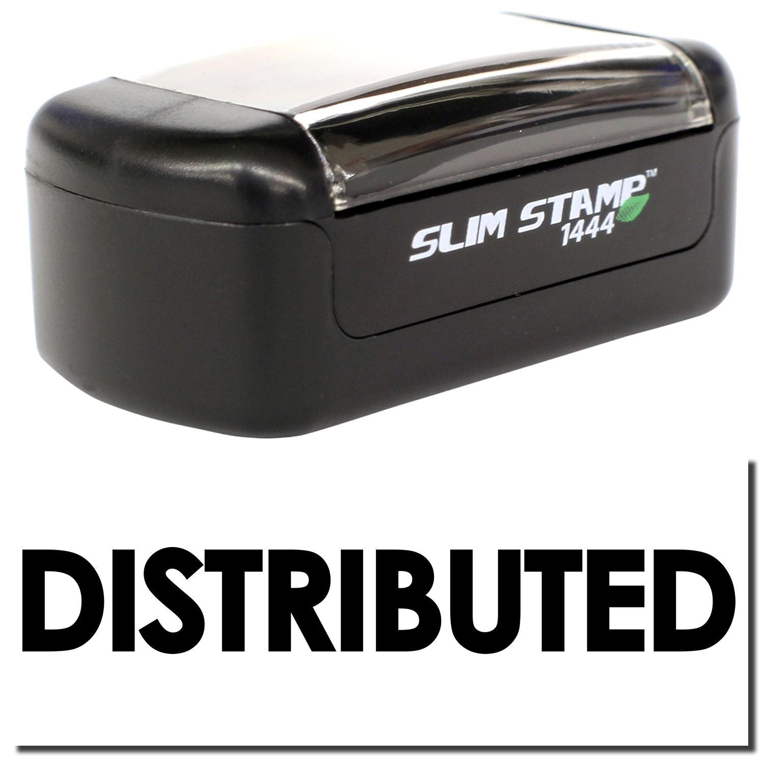 Slim Stamp 1444 self-inking rubber stamp with DISTRIBUTED imprint, black office stamp for business use.
