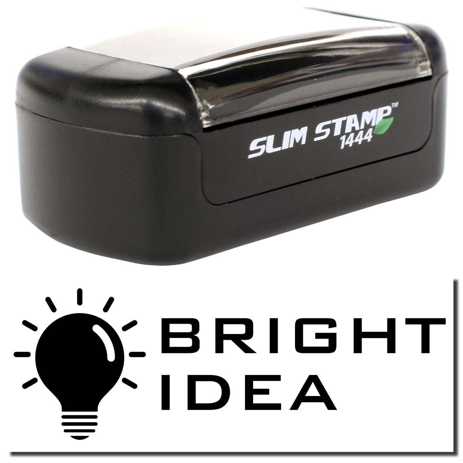Slim Stamp 1444 black self-inking stamp with Bright Idea lightbulb logo and text.