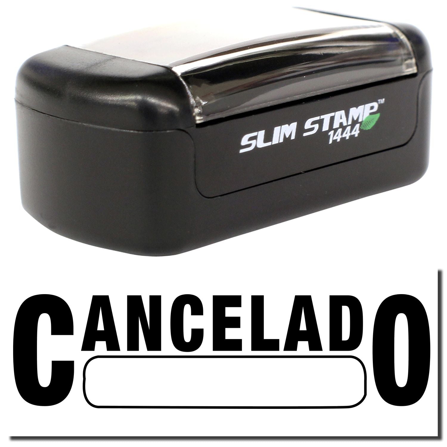 Black Slim Stamp 1444 self-inking CANCELOADO document stamp for marking canceled paperwork.