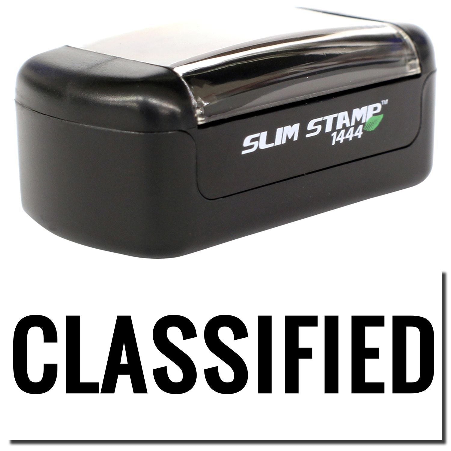 Black Slim Stamp 1444 classified rubber stamp isolated on white background.