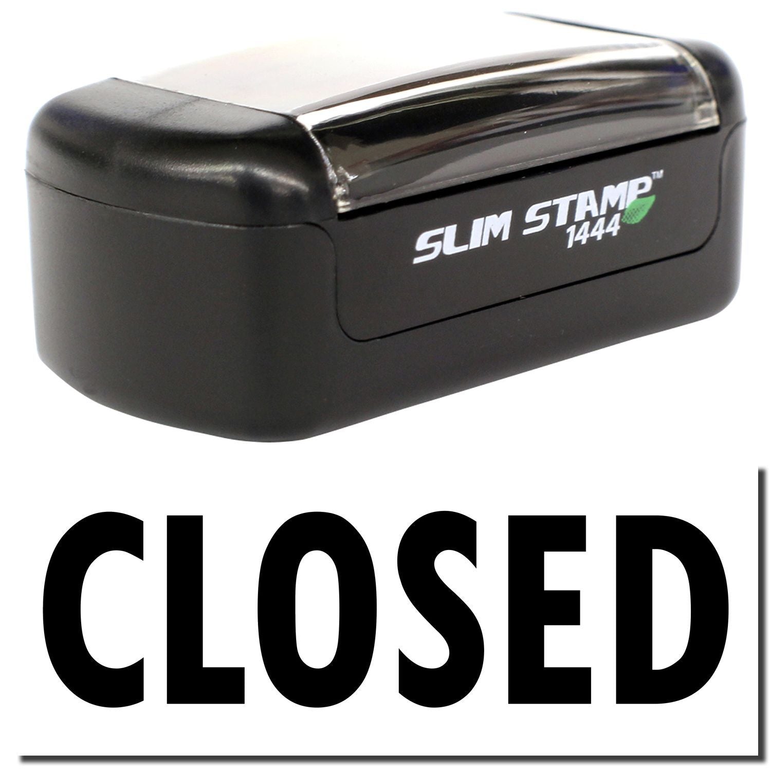 Black Slim Stamp 1444 self-inking stamp with closed cover, office stationery tool for custom stamping.