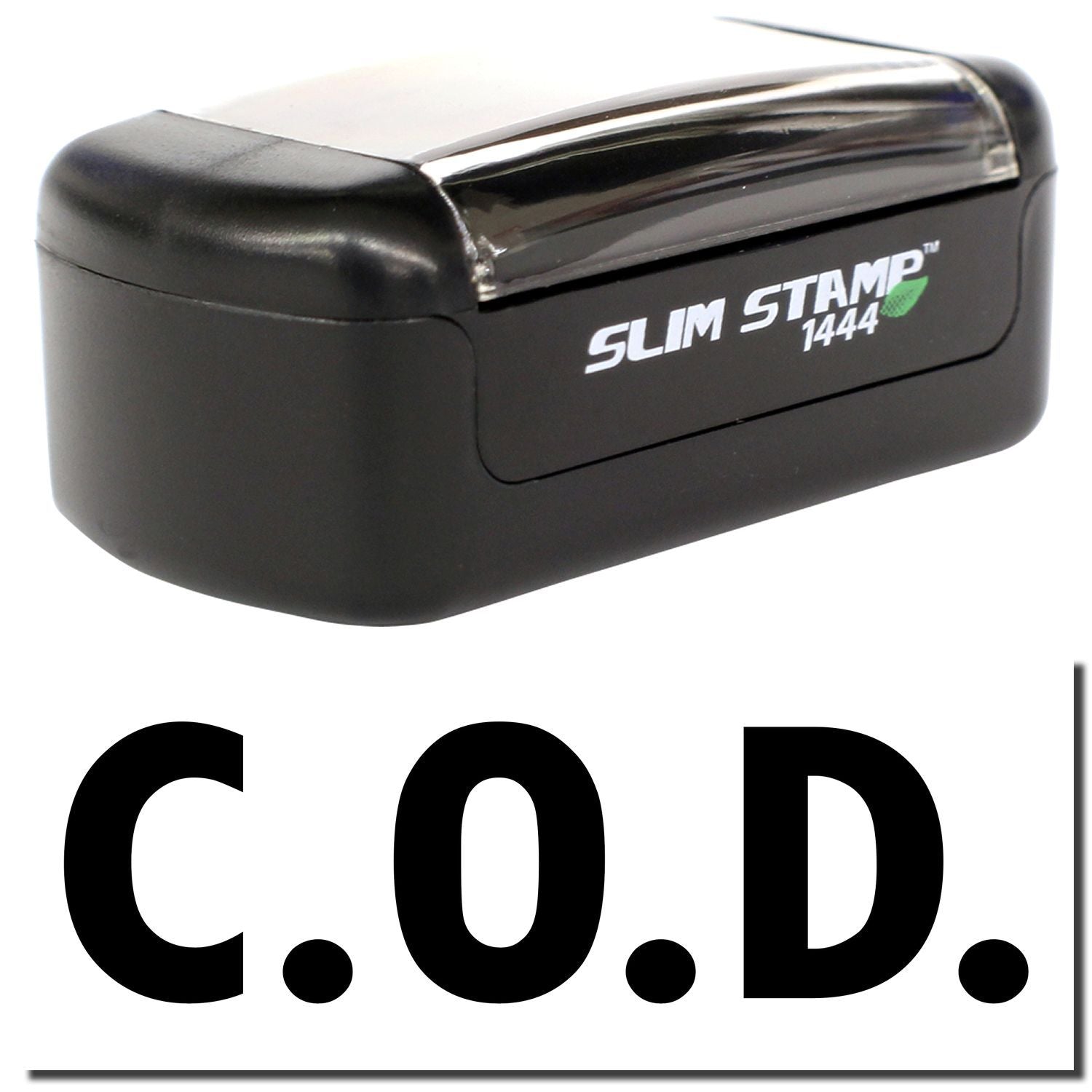 Black Slim Stamp 1444 C.O.D. self-inking rubber stamp with compact office design