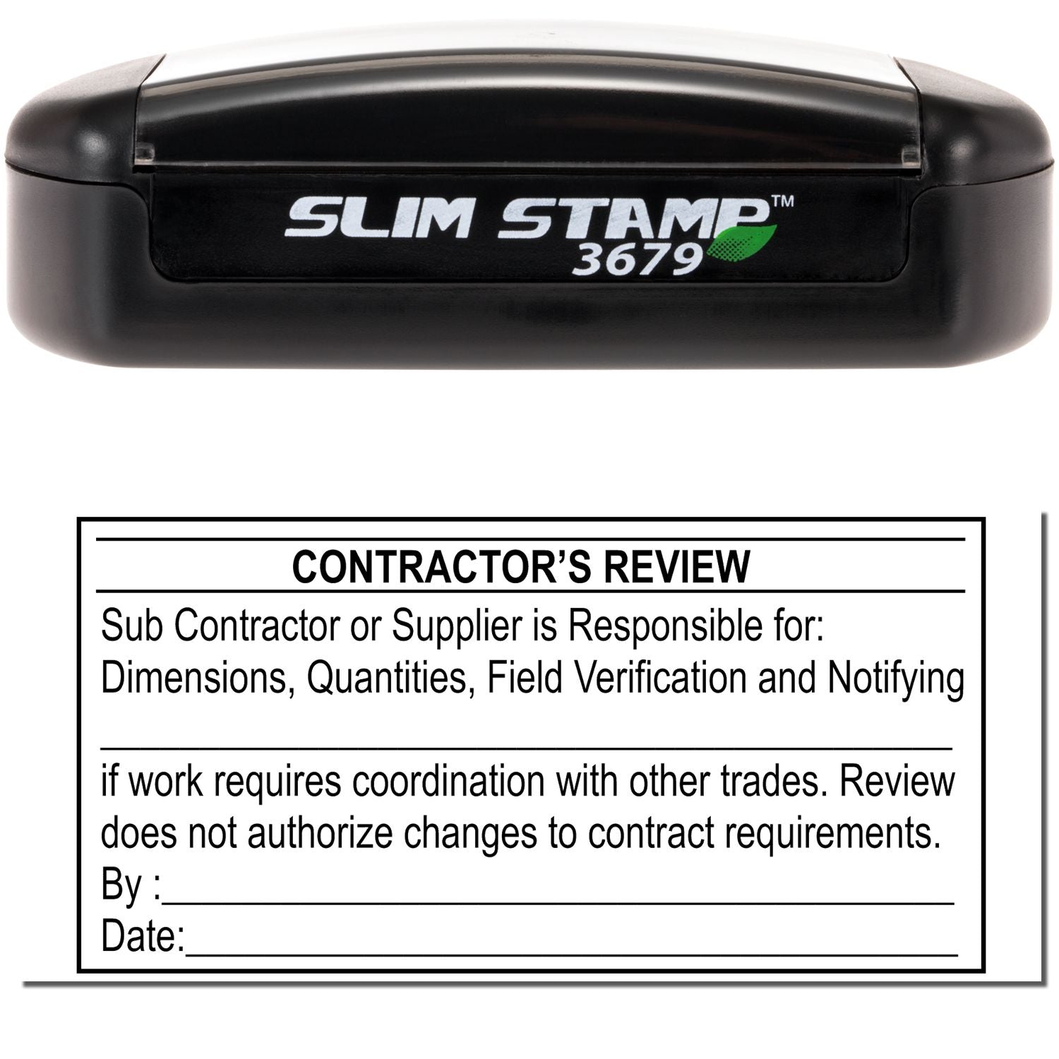 Slim Stamp 3679 contractors review self-inking stamp with approval form and date line for construction documents