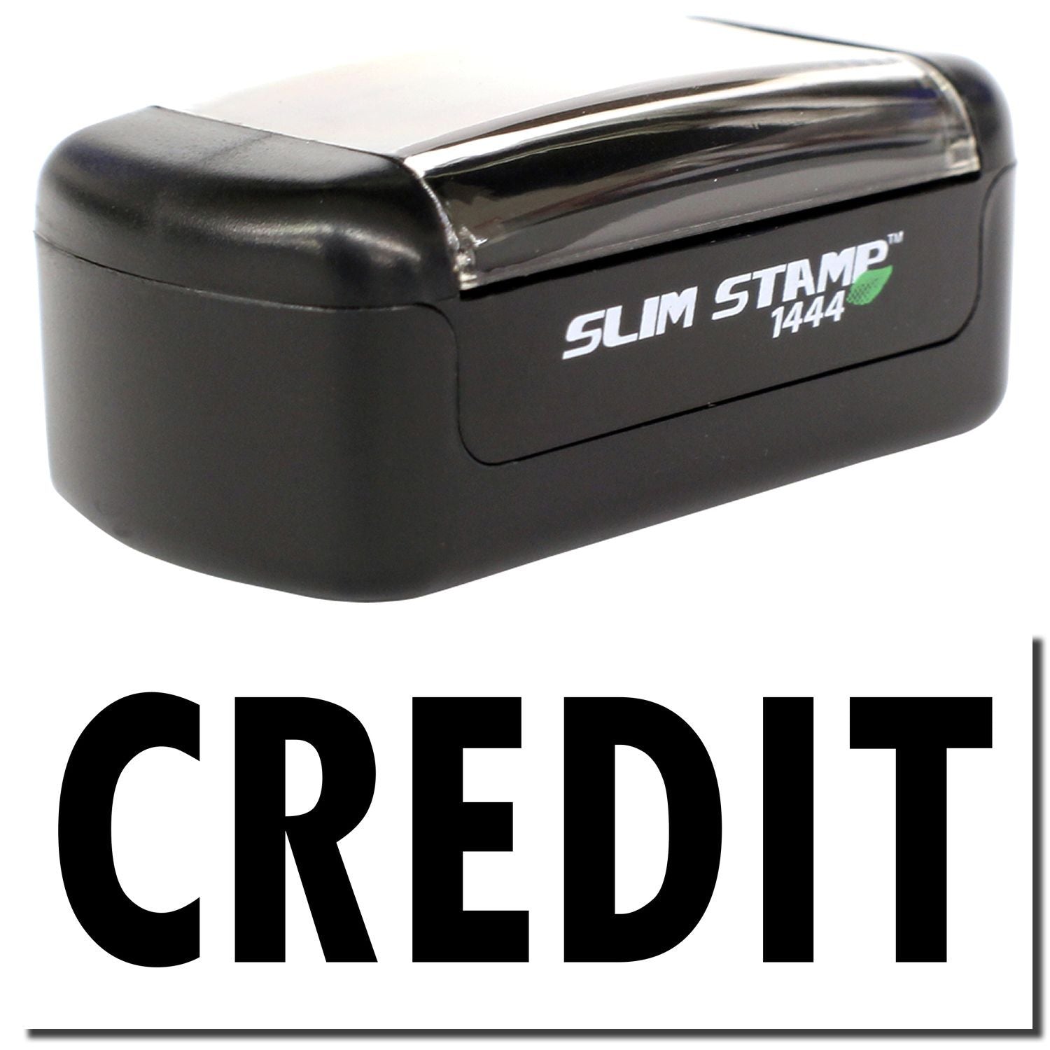 Black Slim Stamp 1444 credit stamp on white background, self-inking office stamp for credit marking.