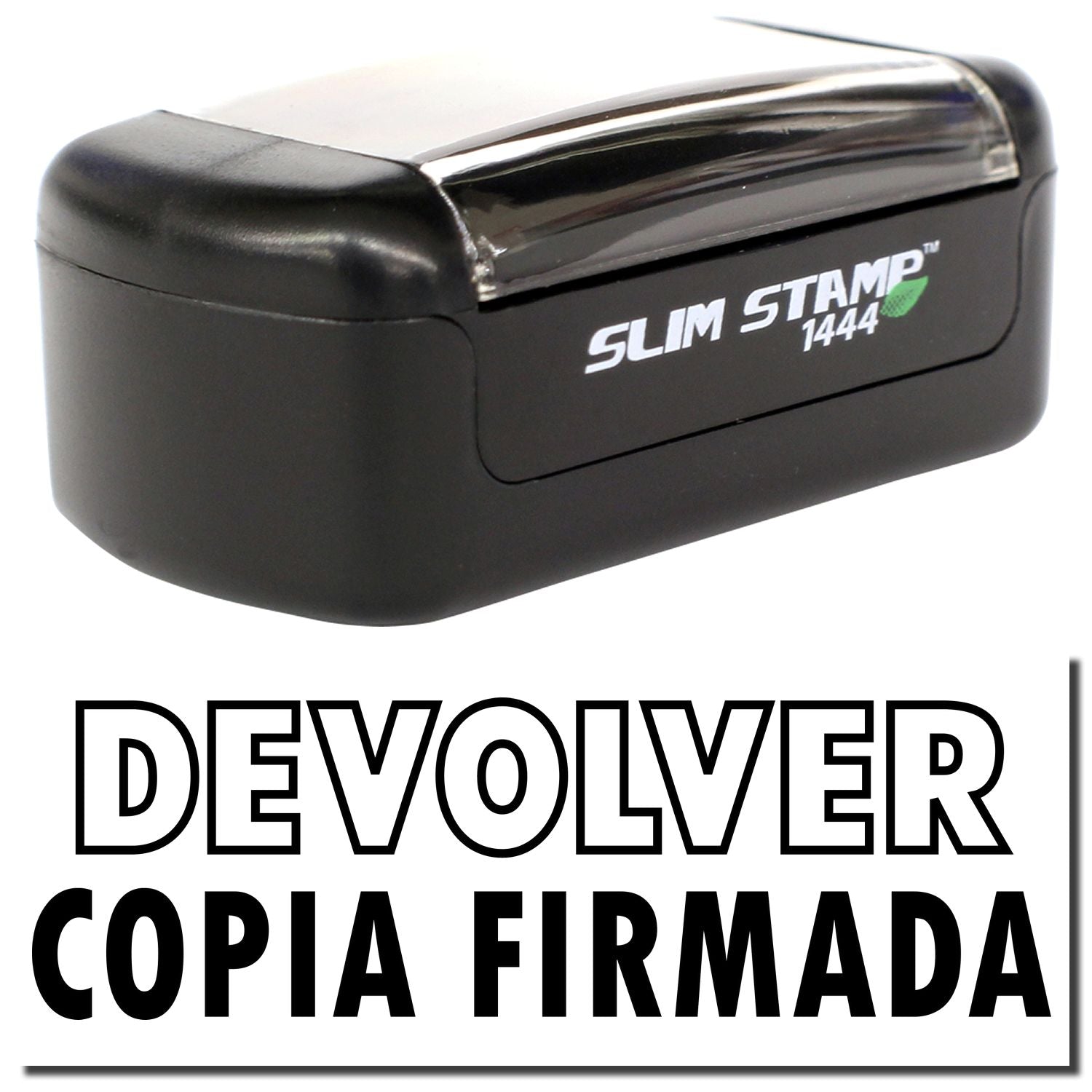 Slim Stamp 1444 self-inking stamp with Devolver copia firmada text, black office stamp for document marking.