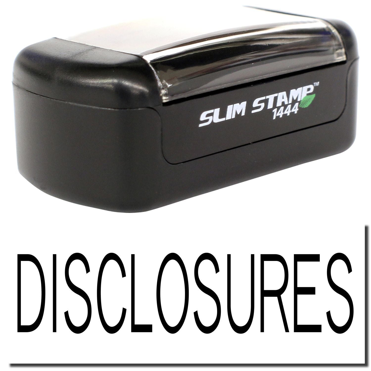 Black Slim Stamp 1444 self-inking stamp with DISCLOSURES text on white background