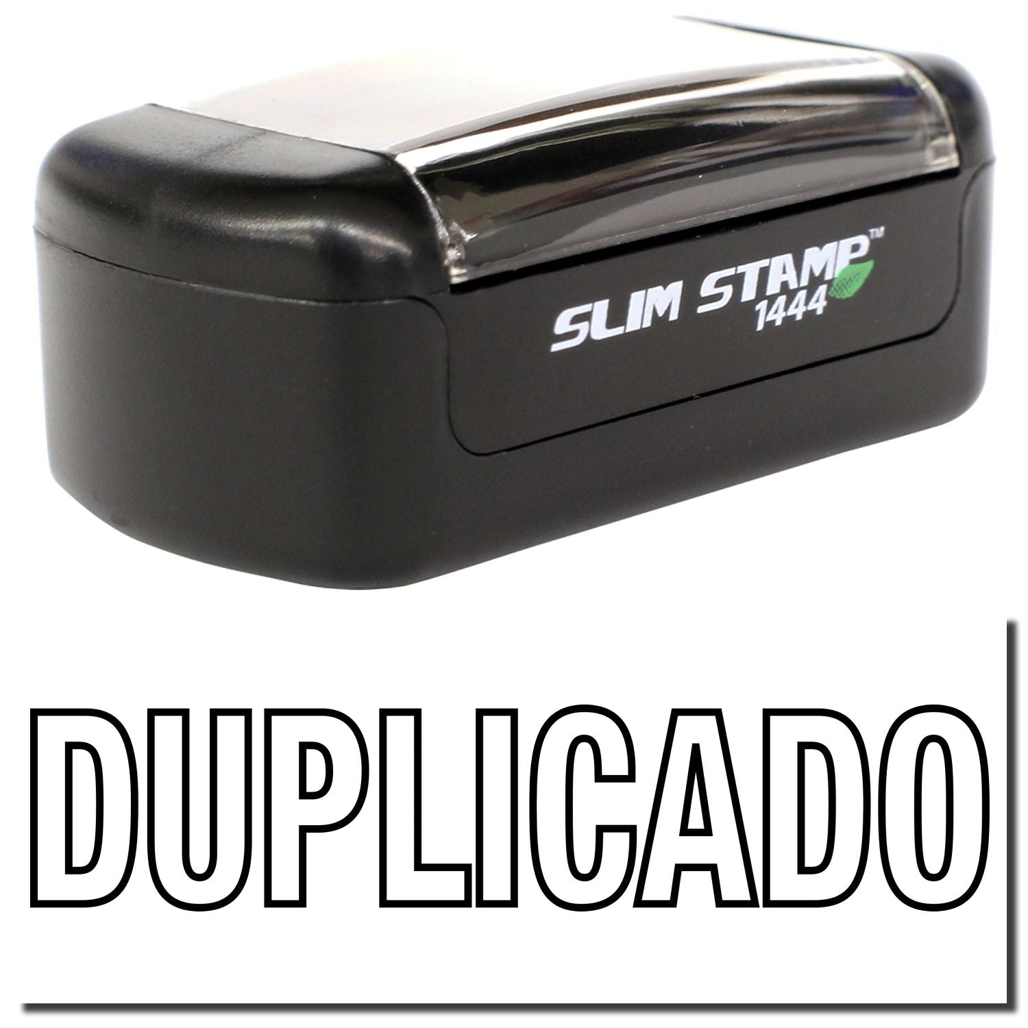 Black Slim Stamp 1444 duplicate stamp with Duplicado text, compact self-inking office stamp tool