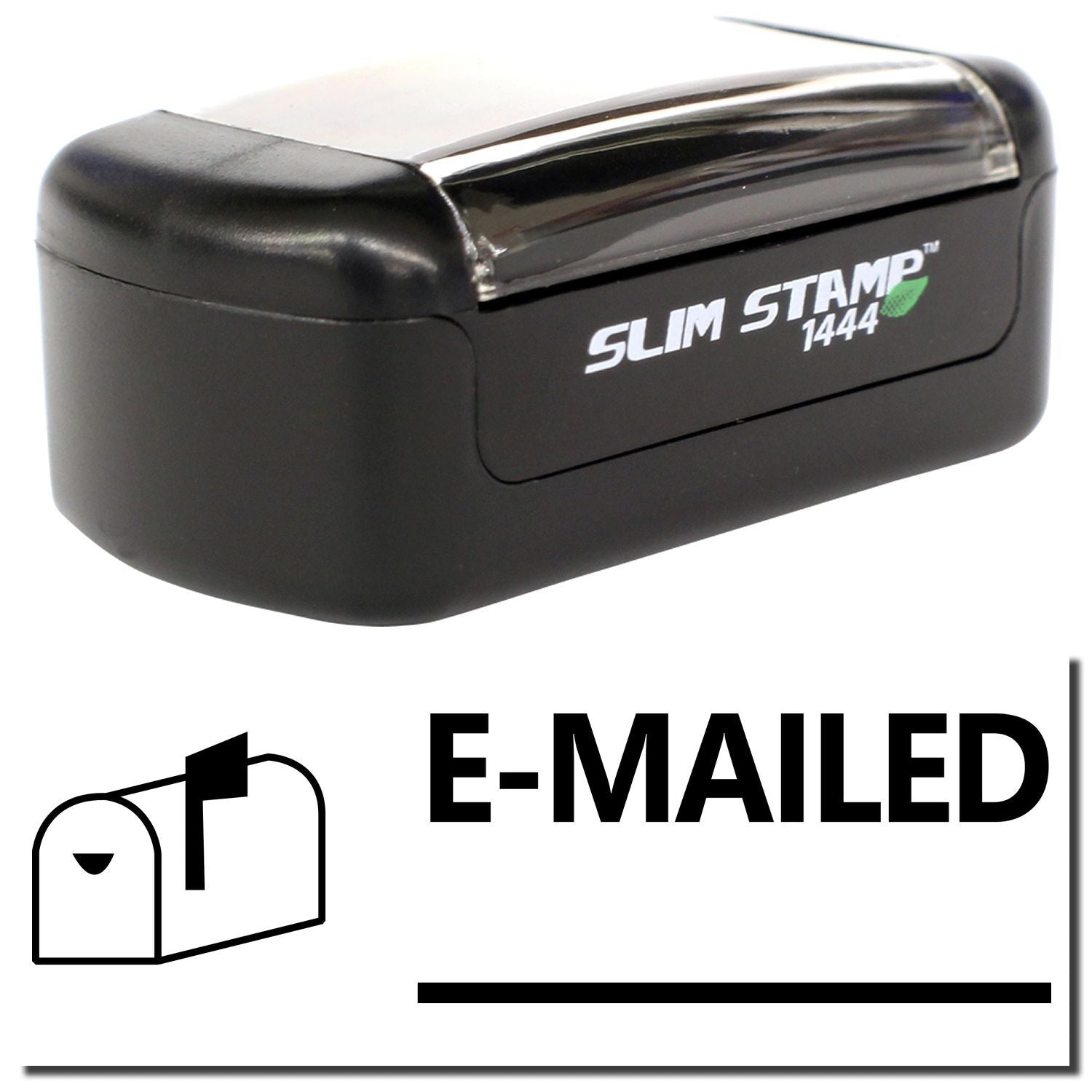 Slim Stamp 1444 self-inking custom email stamp with mailbox icon and E-MAILED text, ideal for office document processing.