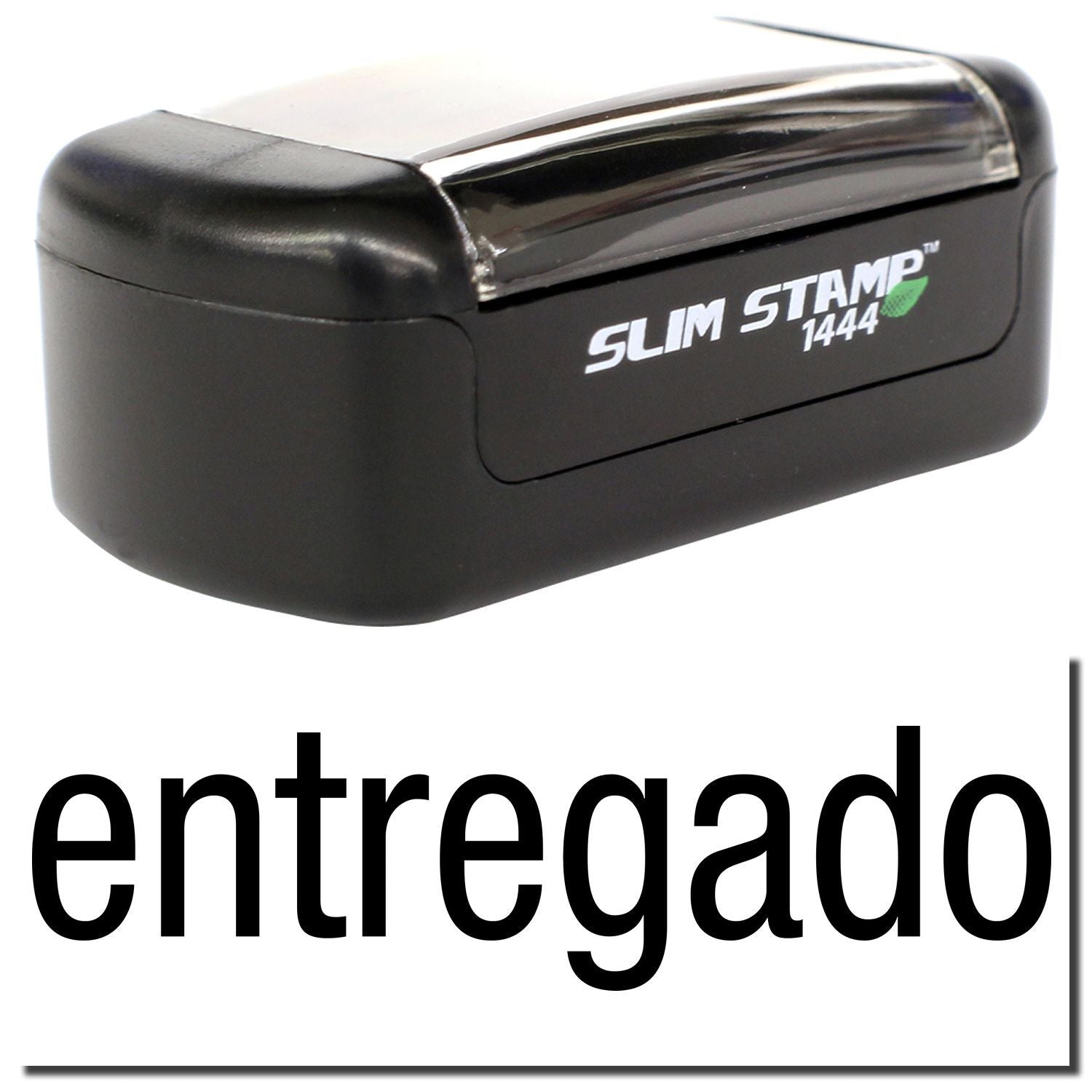 Black Slim Stamp 1444 self-inking stamp with entregado text on white background