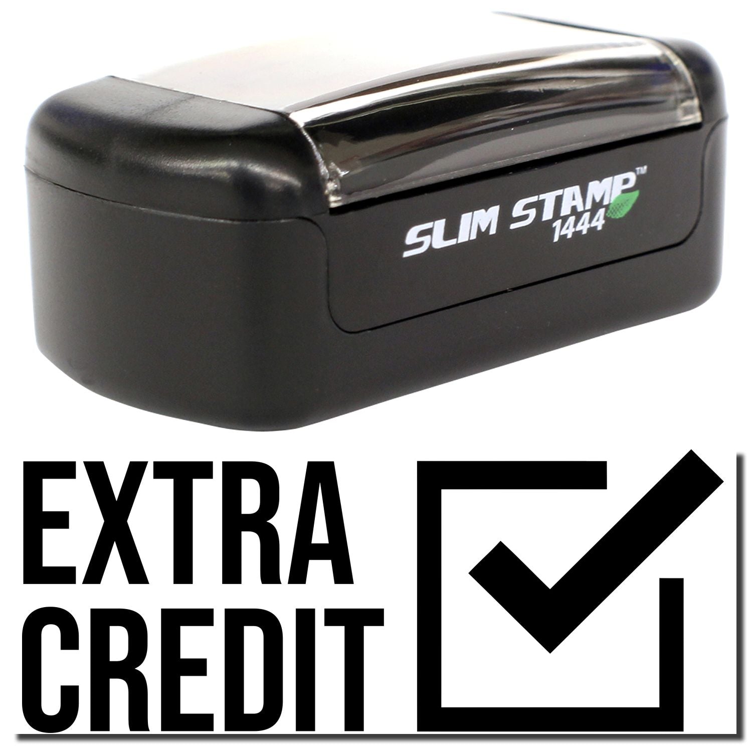Slim Stamp 1444 extra credit stamp with checkmark icon, black self-inking teacher grading stamp for classroom use.