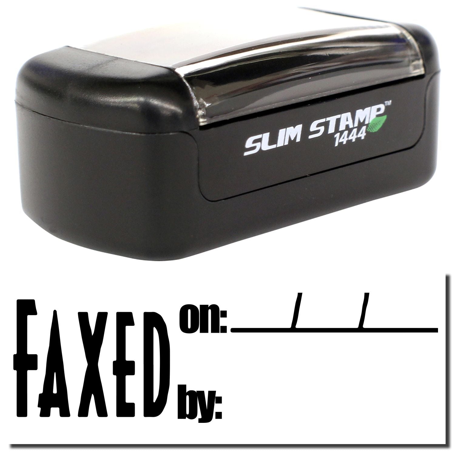 Black Slim Stamp 1444 self-inking office stamp with Fixed on and Faxed by text for document marking and organization