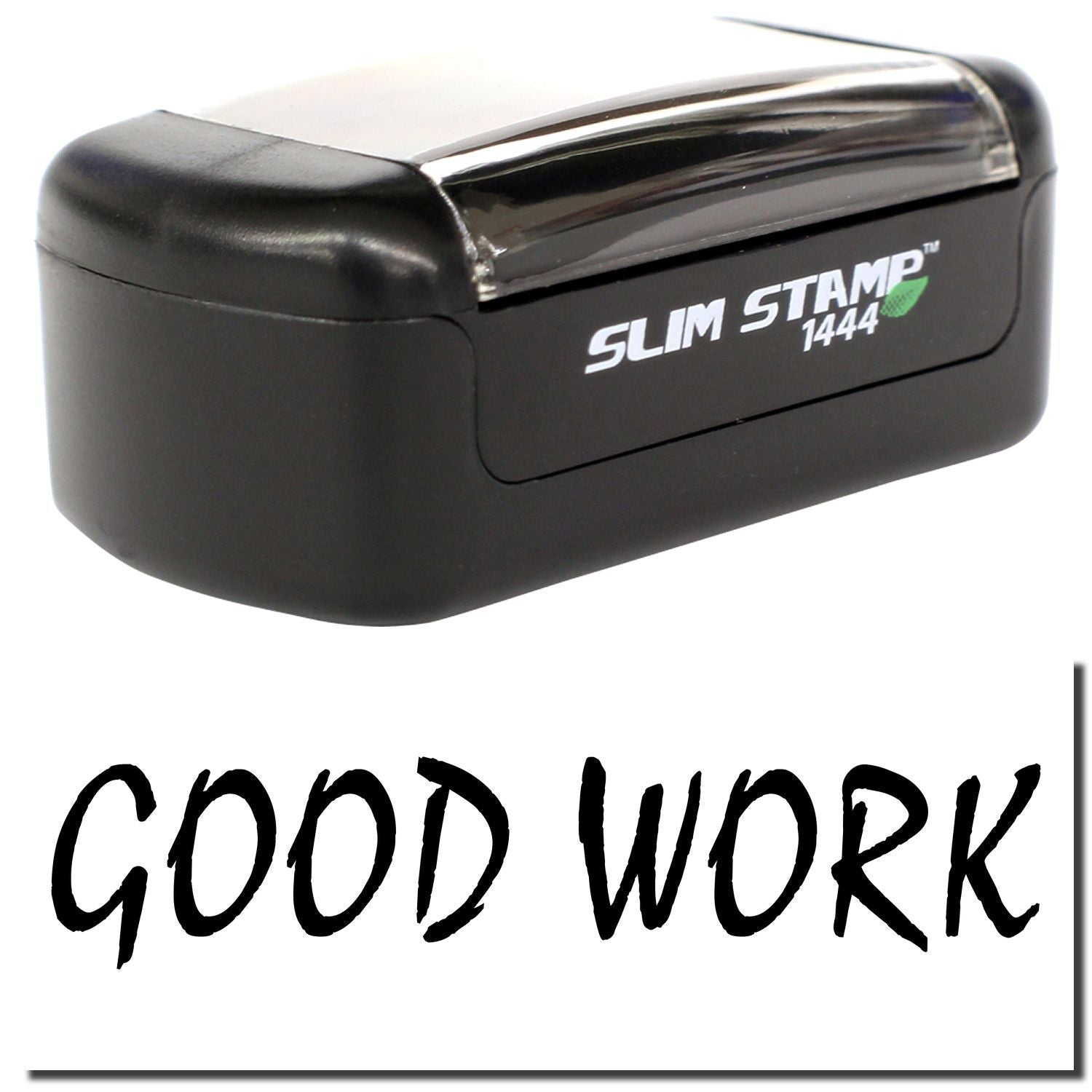 Black Slim Stamp 1444 self-inking stamp with GOOD WORK impression for office, teacher, or business use