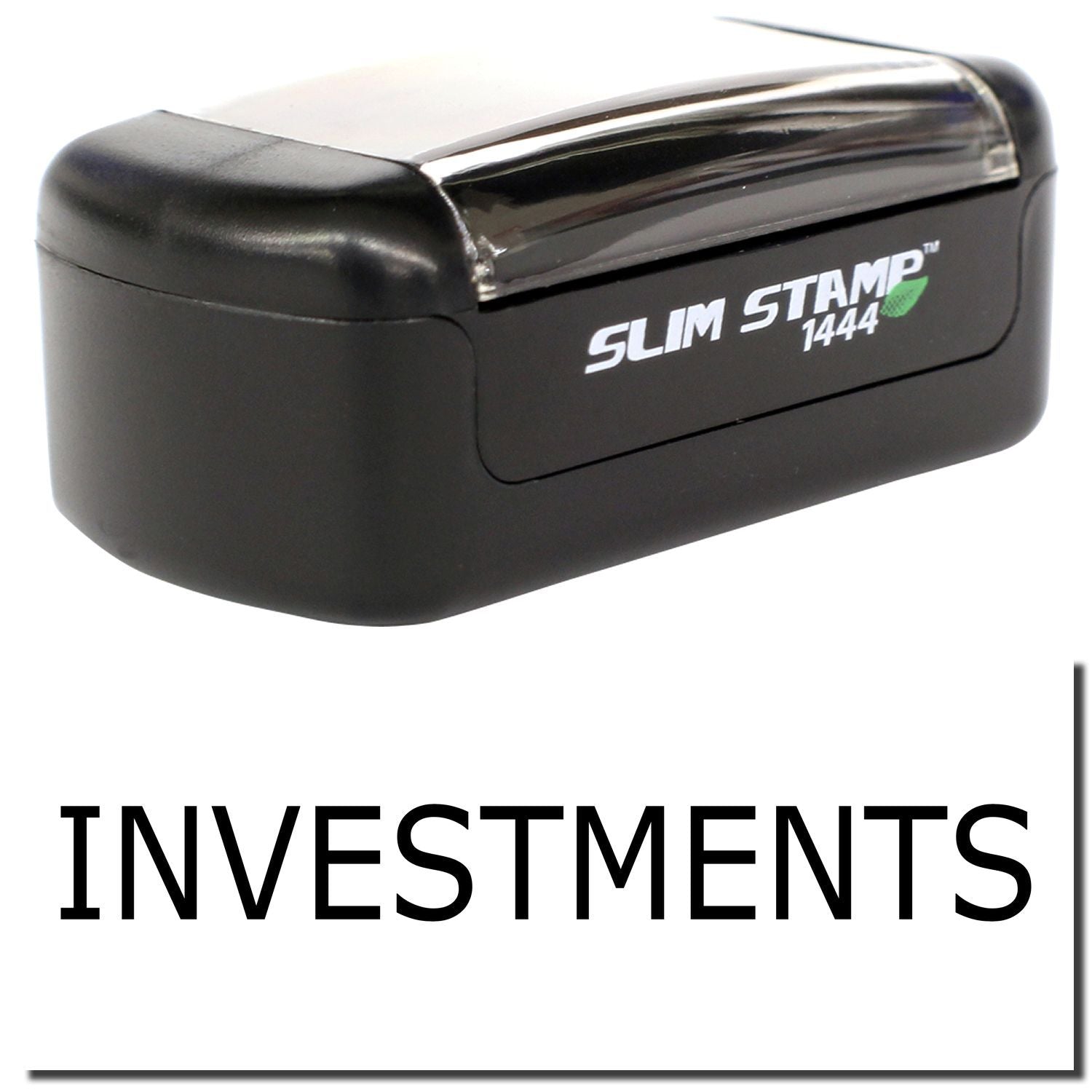 Black Slim Stamp 1444 self-inking rubber stamp with the word Investments printed below.