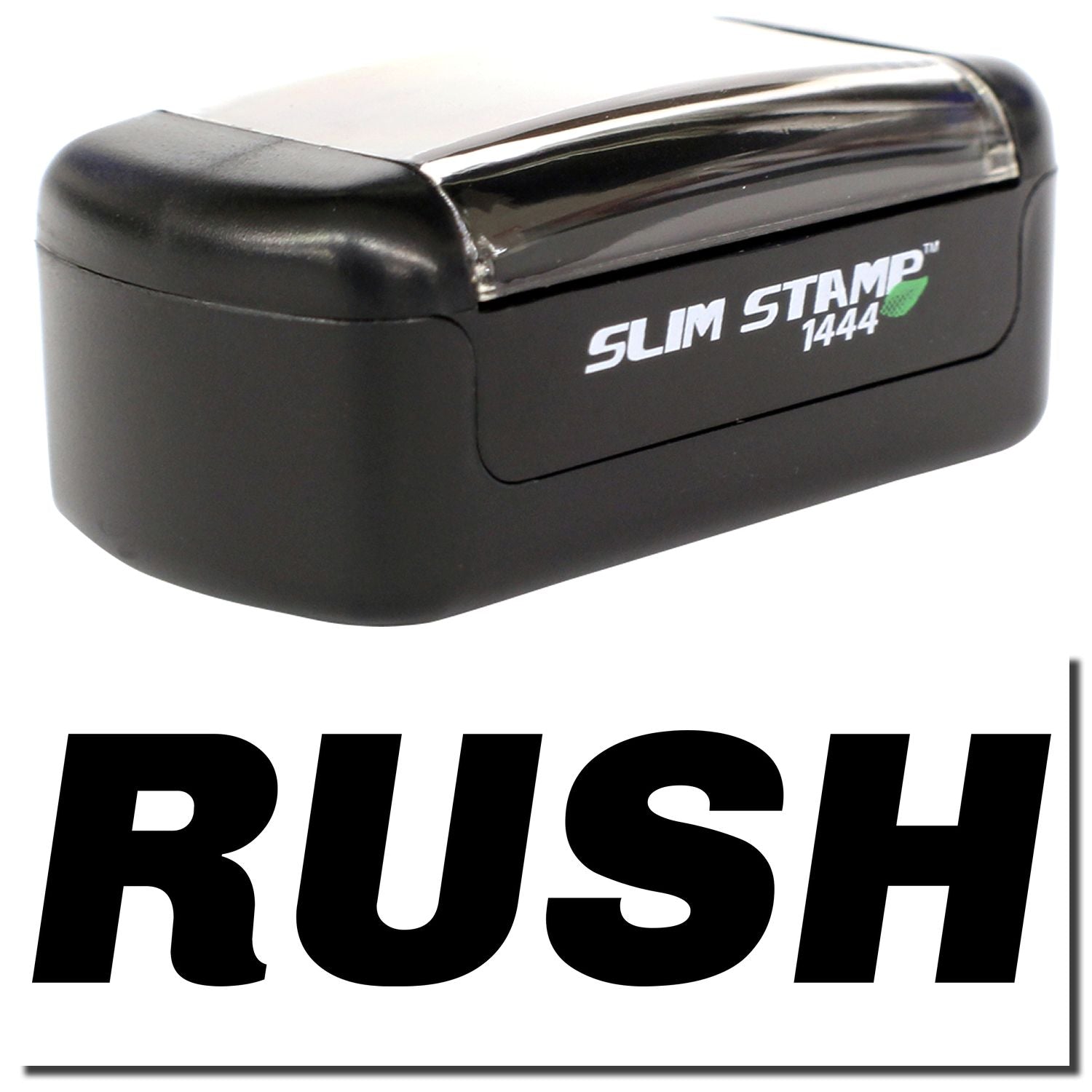 RUSH Slim Stamp 1444 black self-inking office stamp on a white background