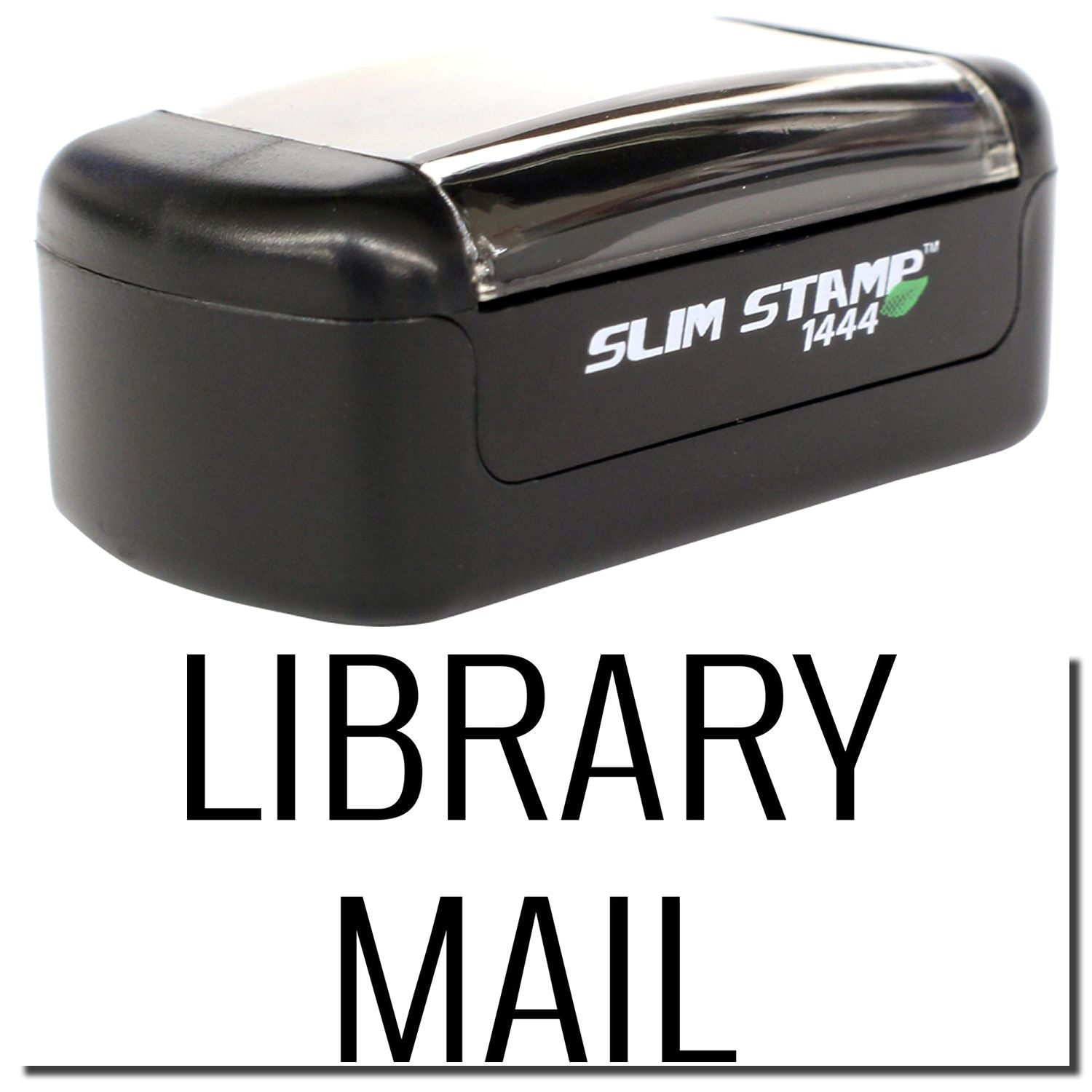 Black Slim Stamp 1444 self-inking library mail stamp on a white background