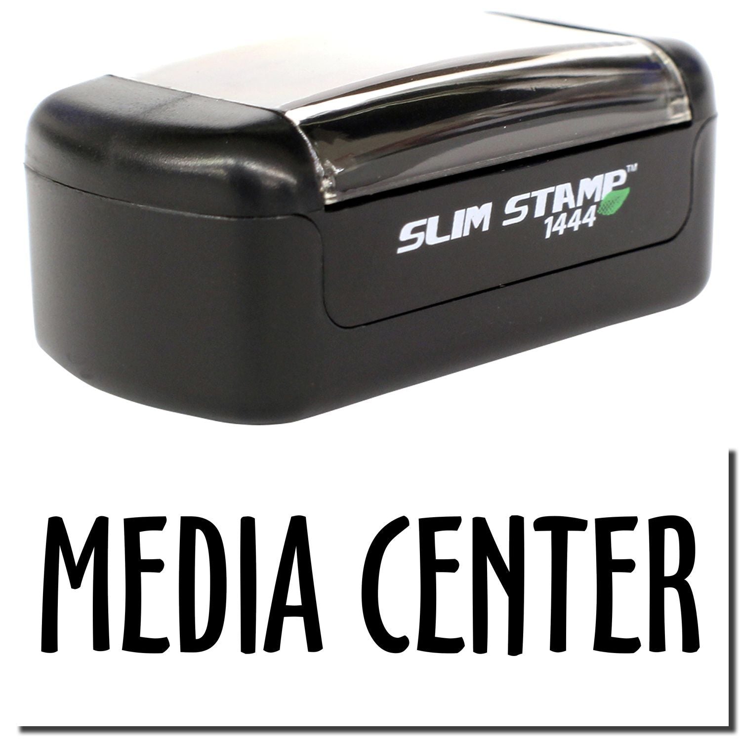 Black Slim Stamp 1444 Media Center self-inking stamp on a white background