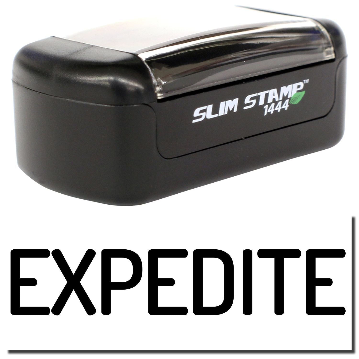 Slim Stamp 1444 custom rubber stamp with EXPEDITE text, black self-inking office stamp.