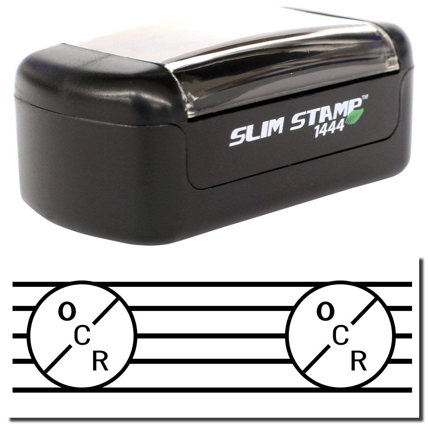 Black Slim Stamp 1444 self-inking stamp with OCR alignment diagram