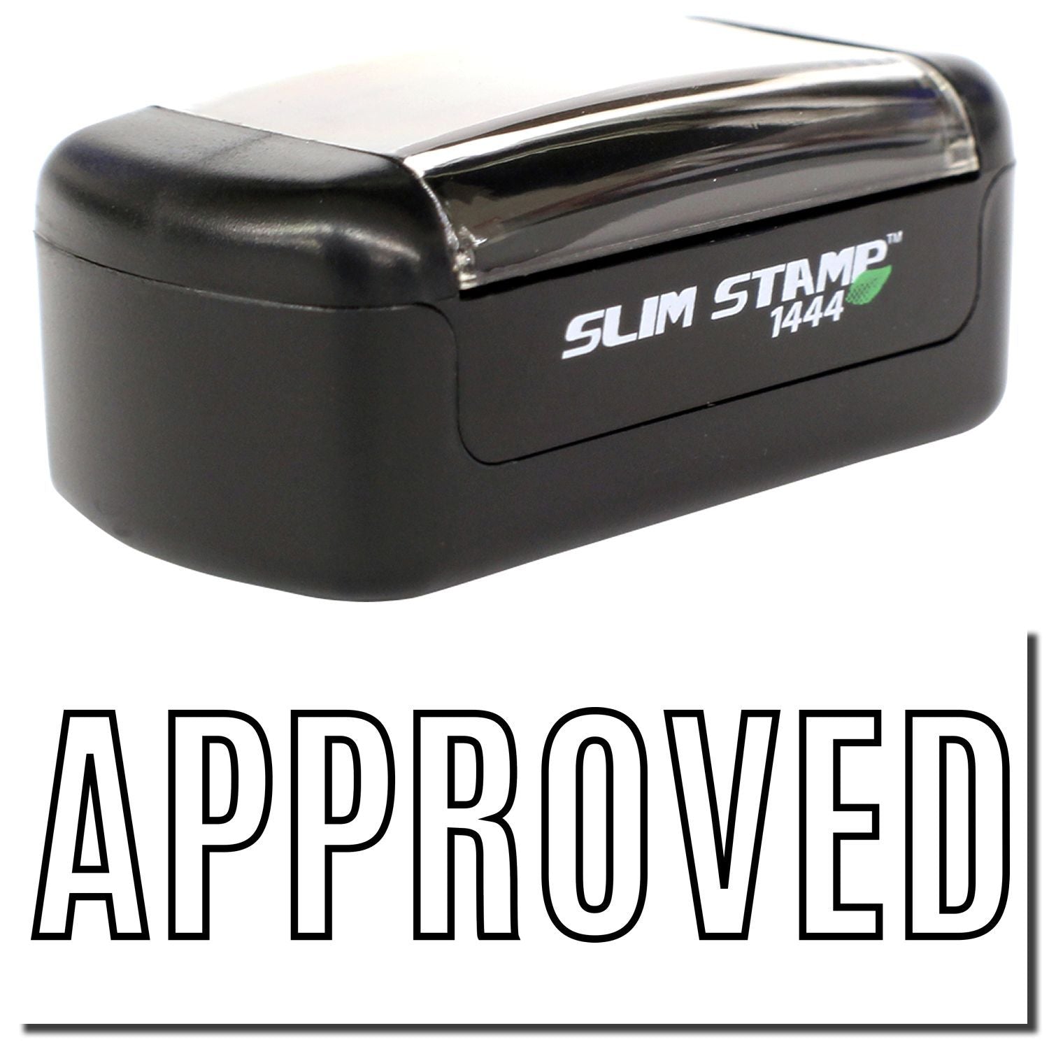 Slim Stamp 1444 approved self-inking stamp with black casing and clear handle cover.