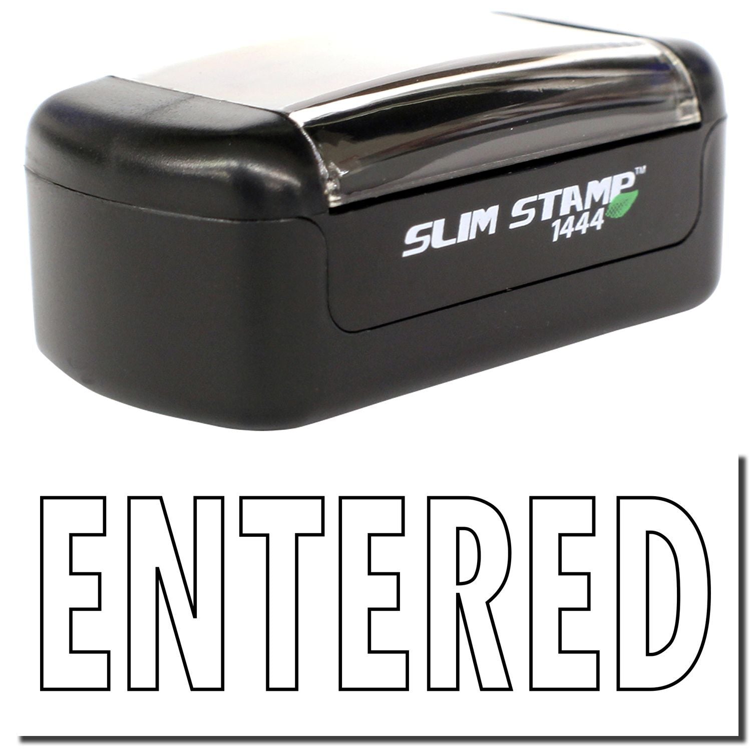 Slim Stamp 1444 self-inking entered stamp with black ink and compact office design.