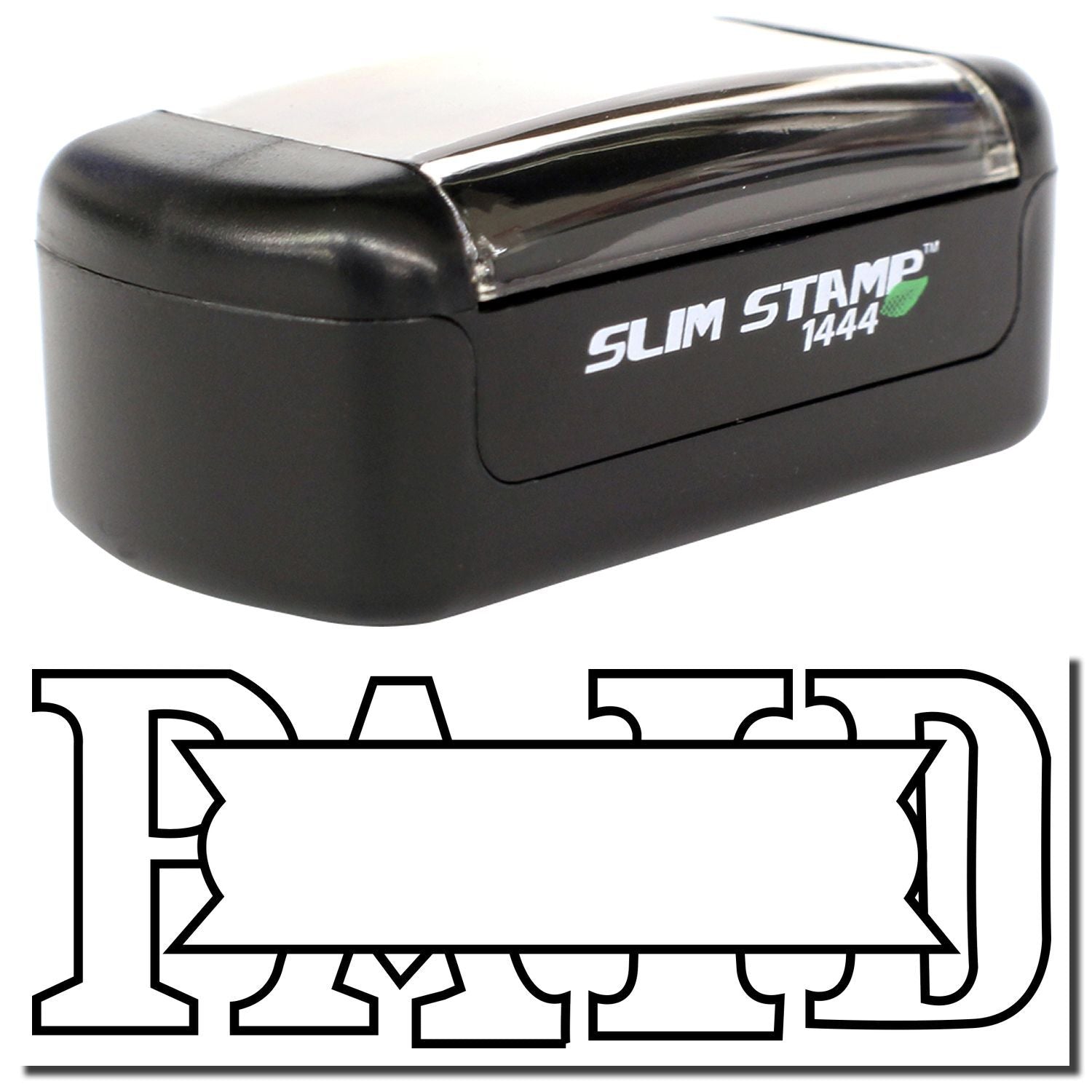Slim Stamp 1444 custom self-inking rubber stamp with black body and red logo design.