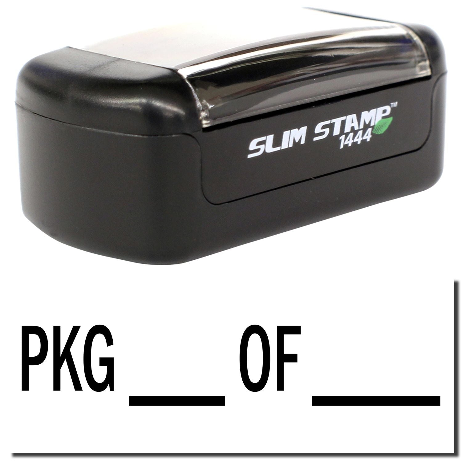 Slim Stamp 1444 black self-inking stamp package, compact office rubber stamp product image
