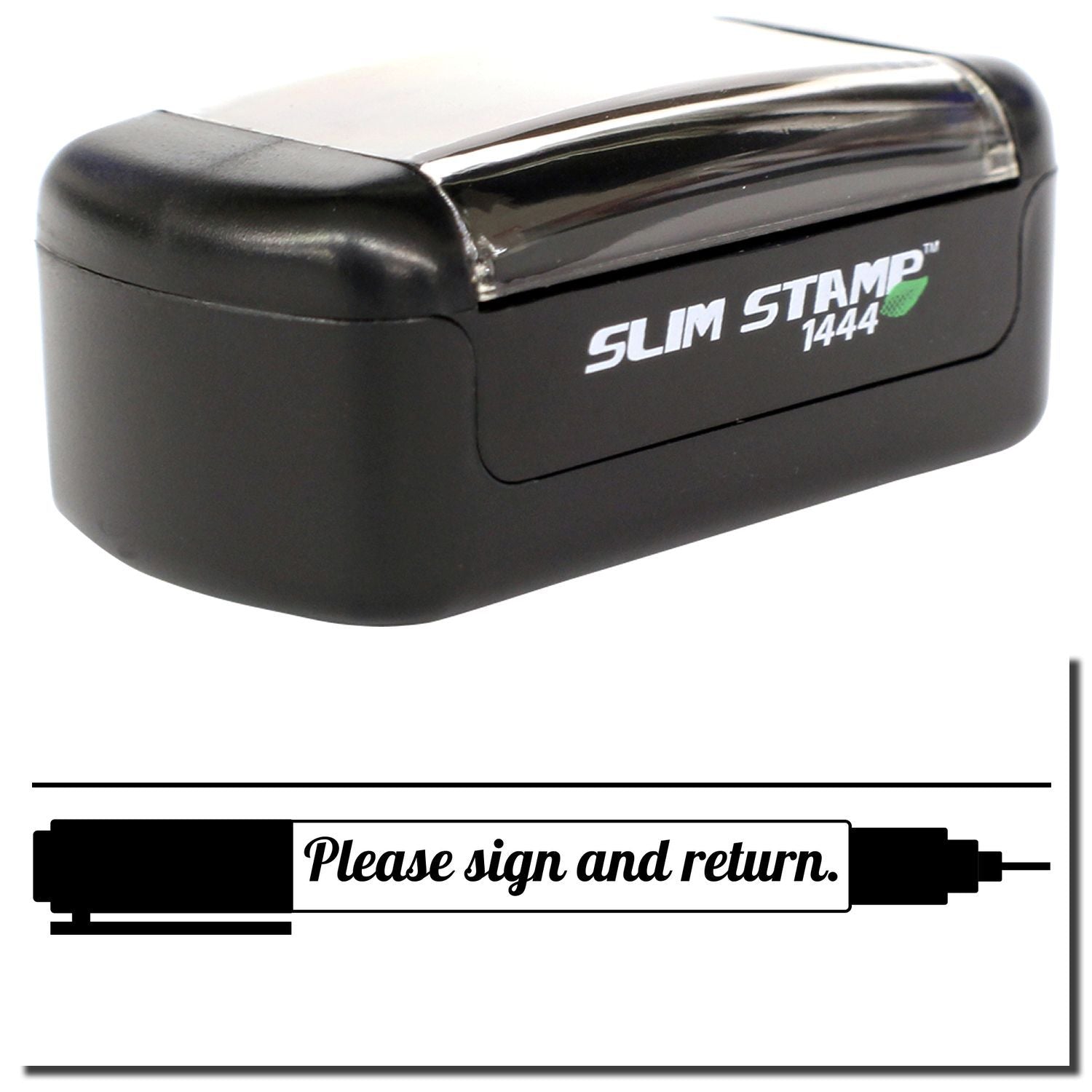 Black Slim Stamp self-inking rubber stamp with Please sign and return. imprint text.