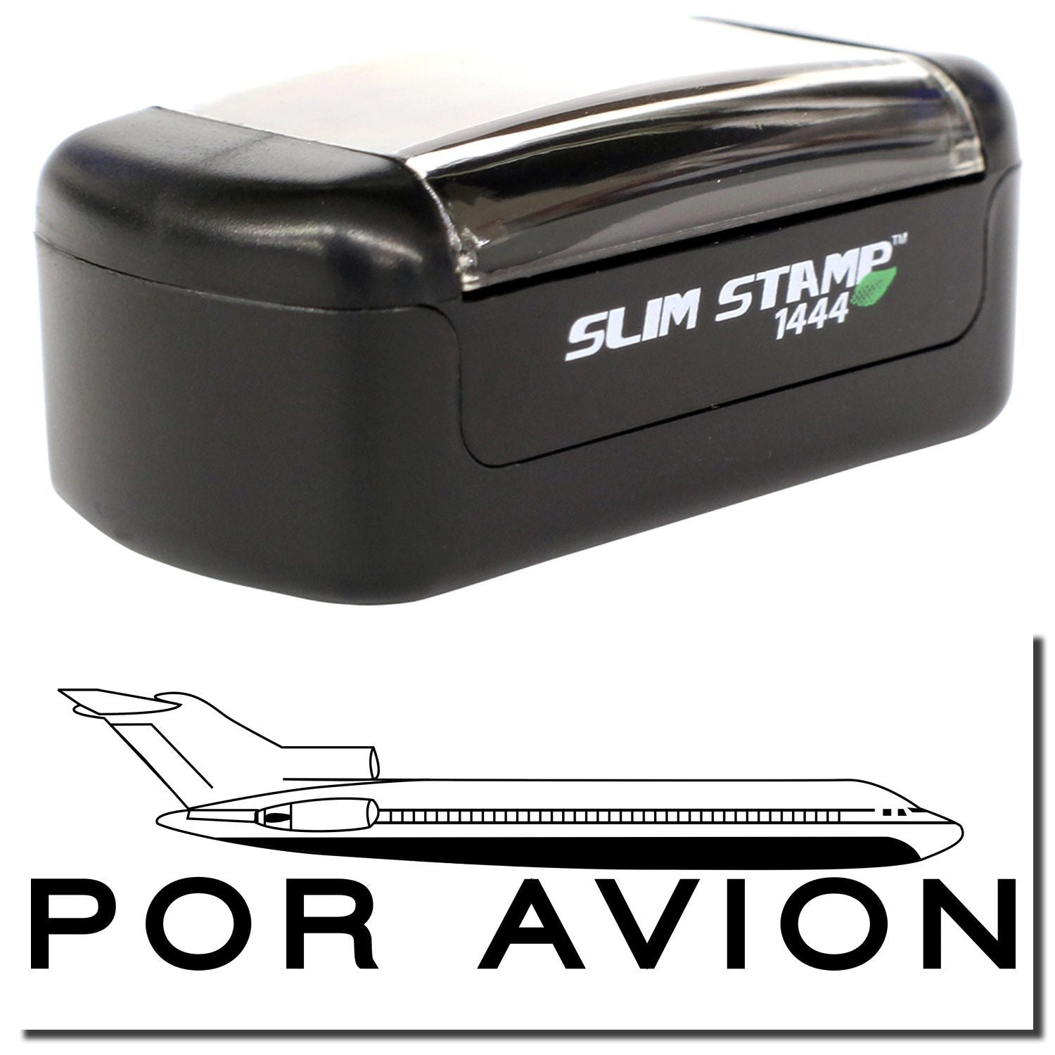 Black Slim Stamp 1444 with Por Avion airplane logo, compact self-inking stamp for mailing and shipping labels.