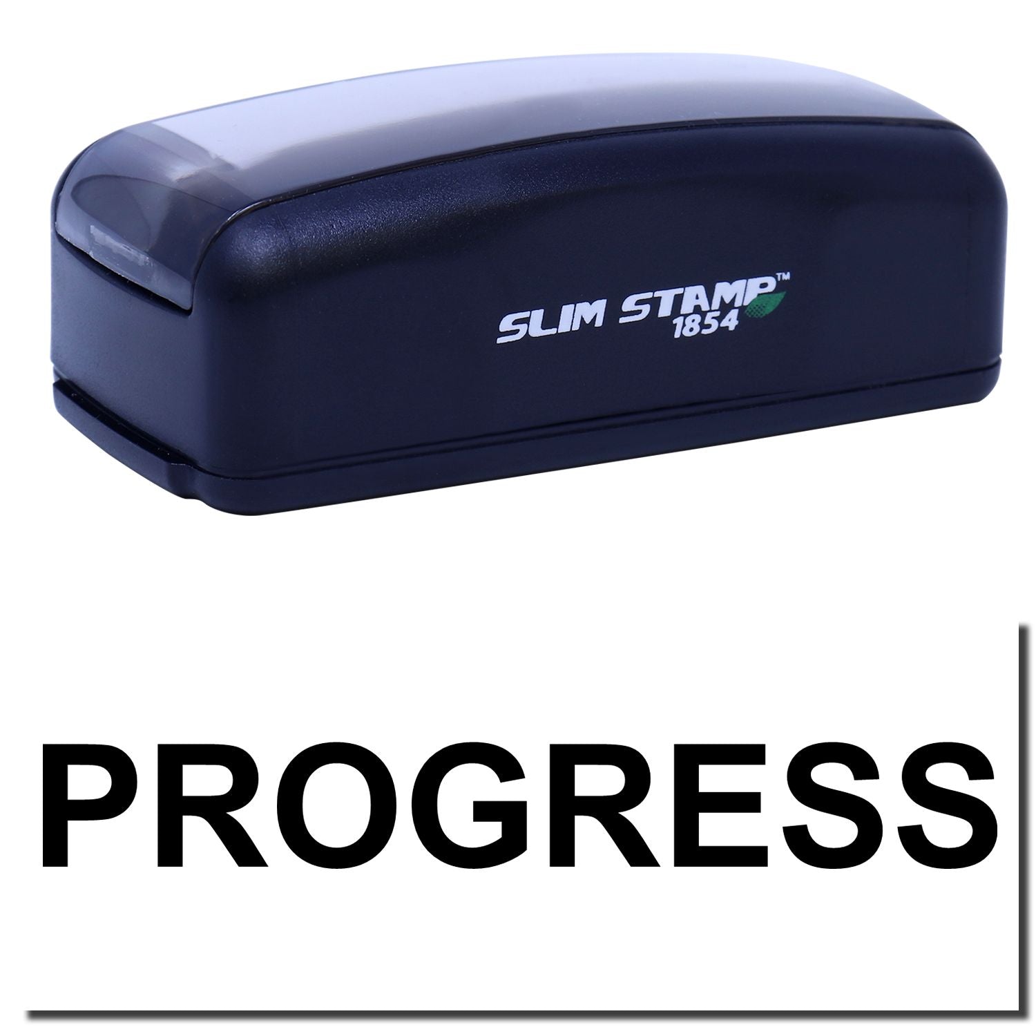 Slim Stamp 1854 self-inking office stamp with PROGRESS imprint on white background